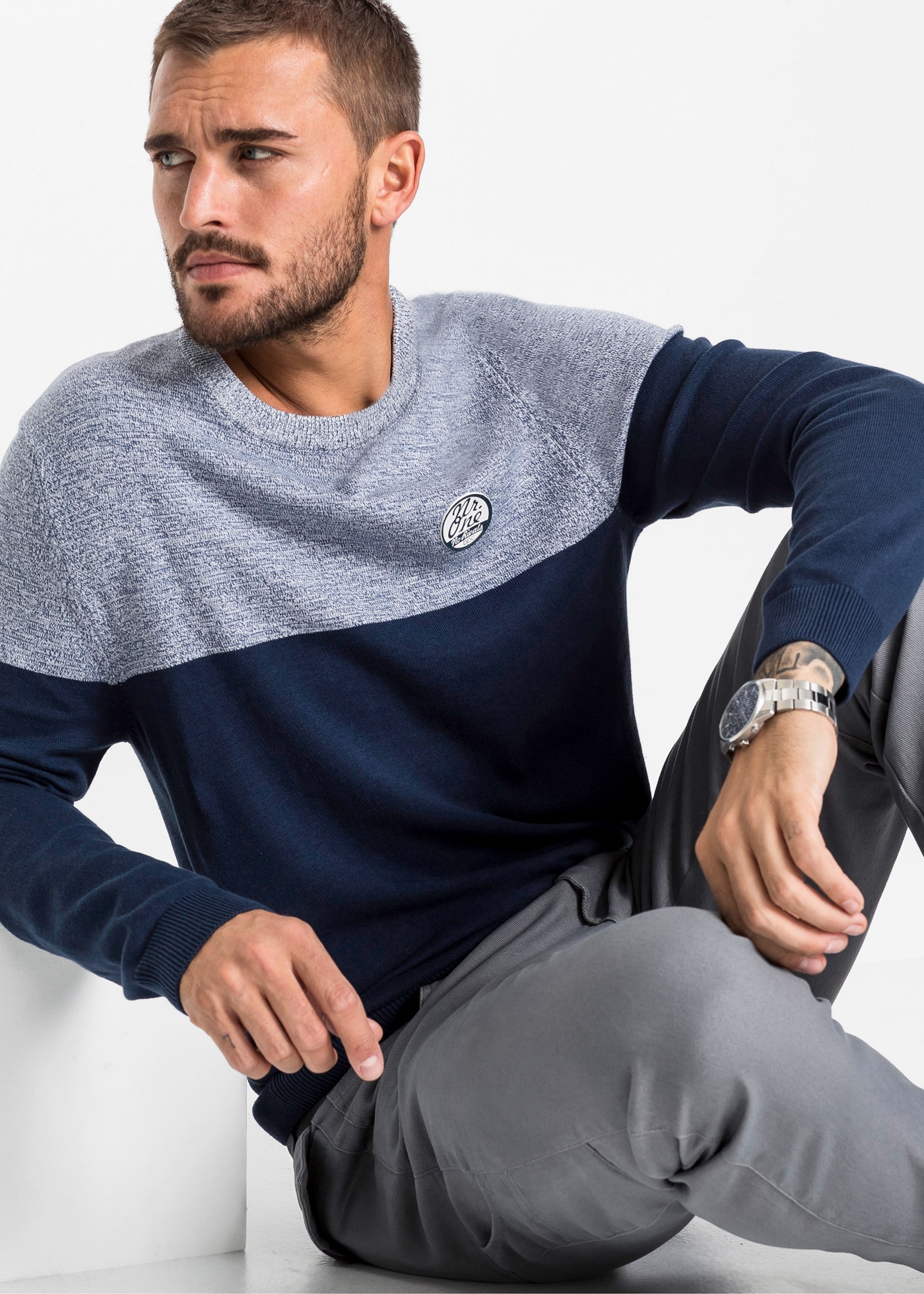 bonprix Strickpullover »Feinstrickpullover im Colourblocking mit Baumwolle« Feinstrickpullover im Colourblocking mit Baumwolle