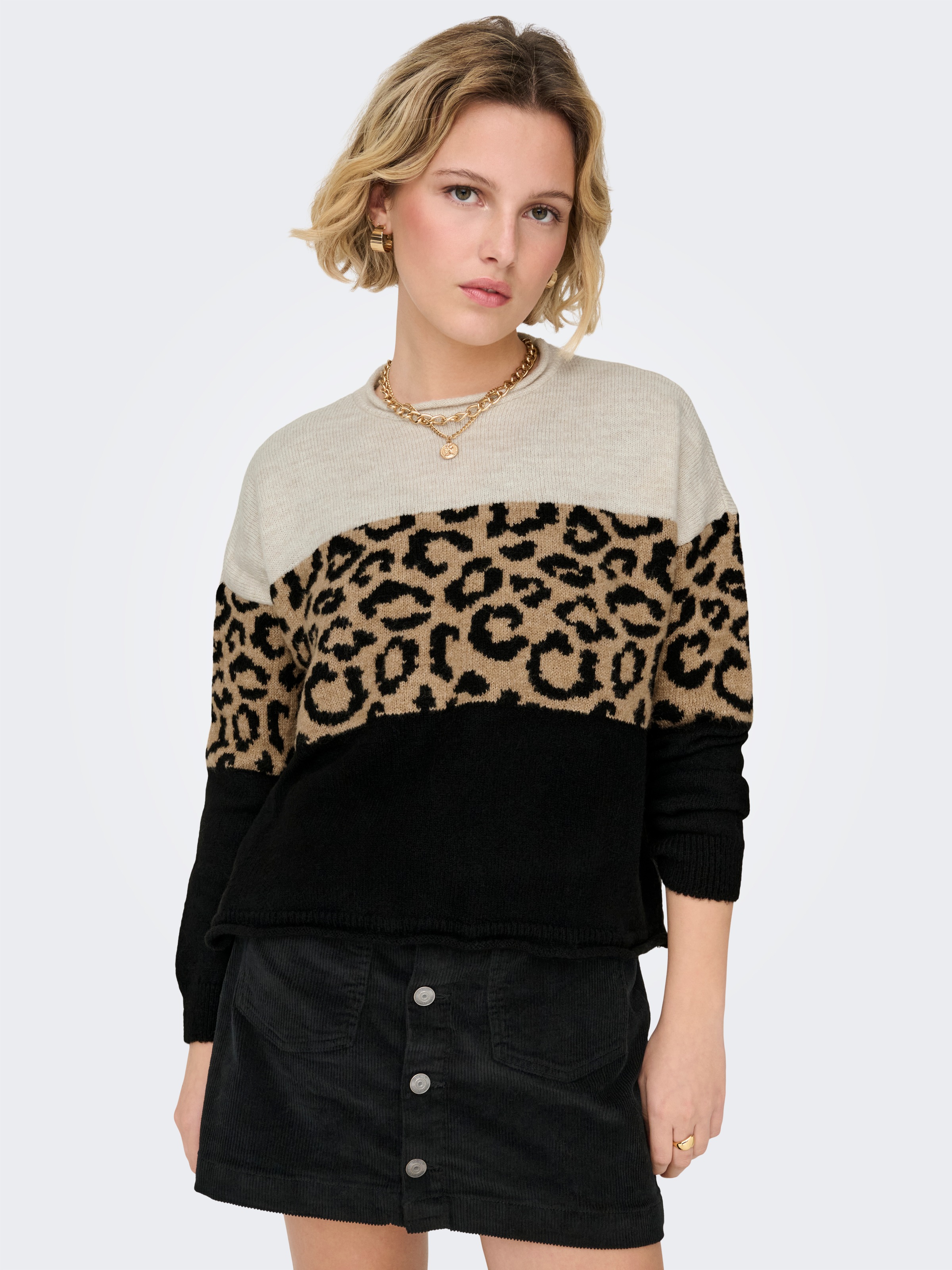 Rundhalspullover ONLY "ONLJADE ANIMAL LS O-NECK NOOS KNT", Damen, Gr. XS, beige (moonbeam pattern:schwarz, toasted coconut), Strick, Obermaterial: 81% Polyacryl, 19% Polyester, gemustert, meliert, regular fit normal, Rundhals, Rippstrickbündchen, Pullover 3