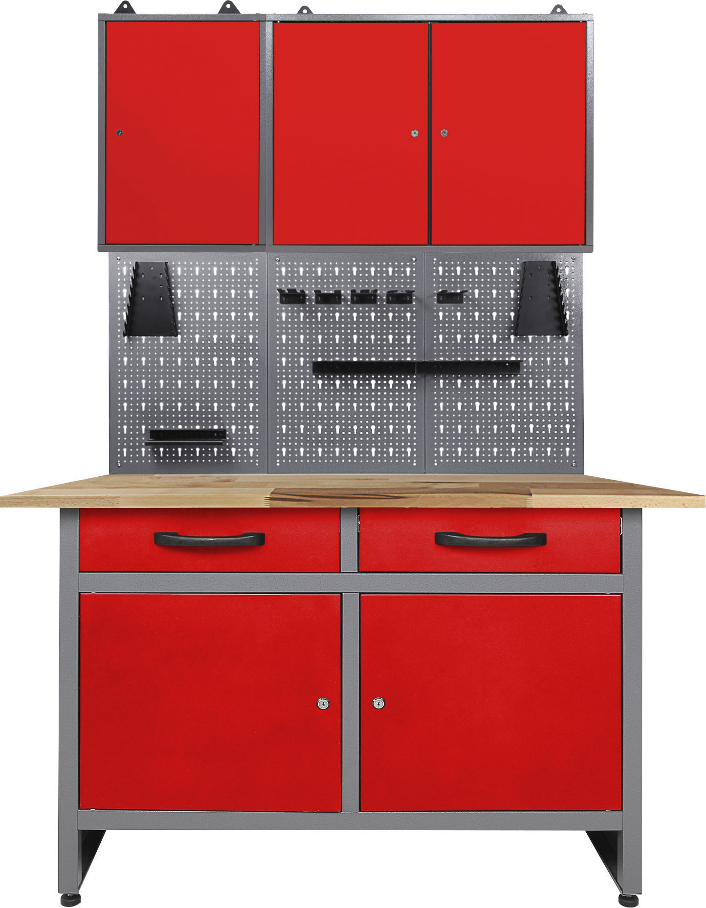 ONDIS24 Werkstatt-Set, B:120cm H:205cm, rot, Werkbänke, 120 cm, mit Lochwandsystem inkl. Haken