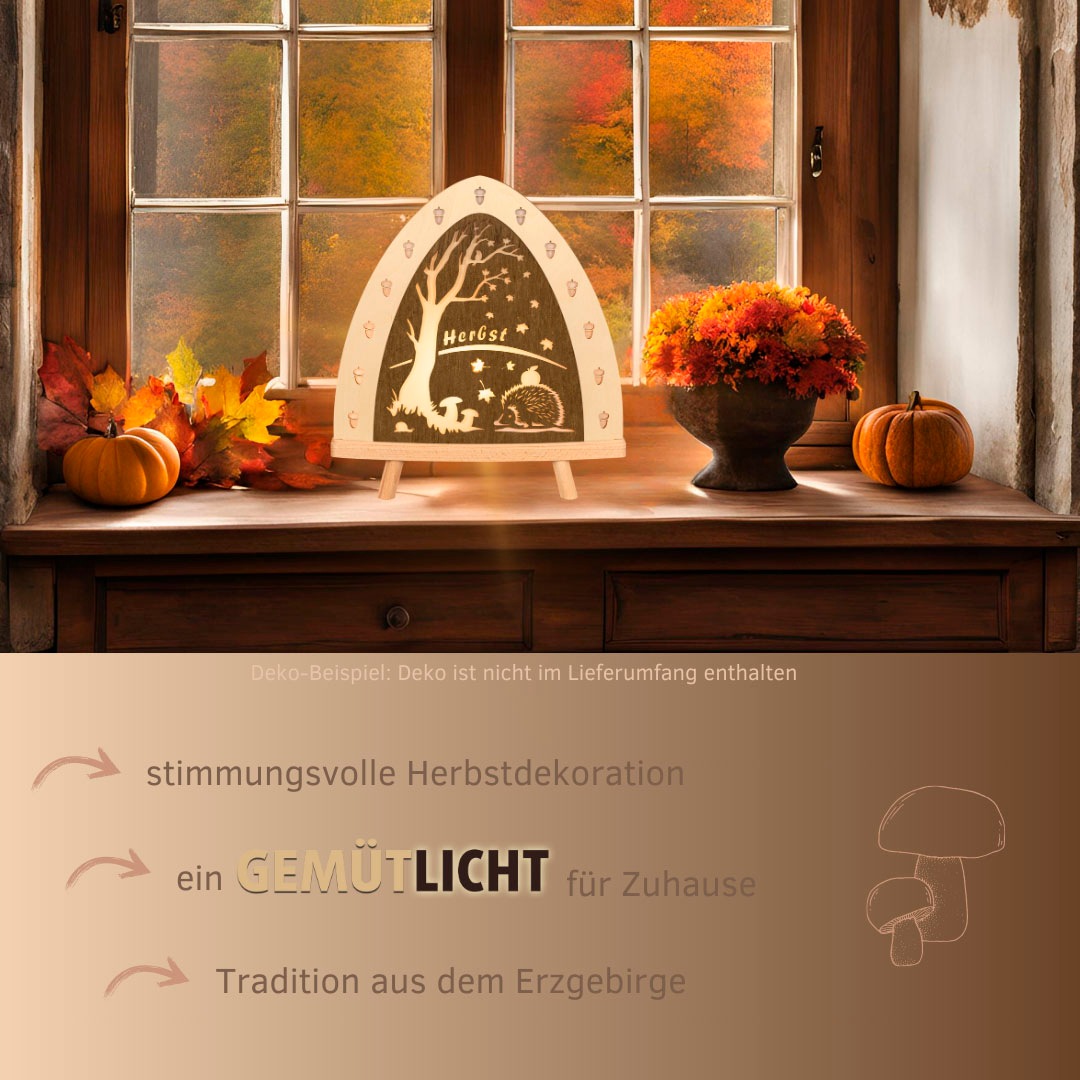Weigla LED Dekolicht »Herbst, Tischleuchte aus Holz, NATUR-BRAUN«, 1 flammig, Leuchtmittel E14 | LED wechselbar, Erzgebirge garantiert, Herbstdeko innen, Tischlampe