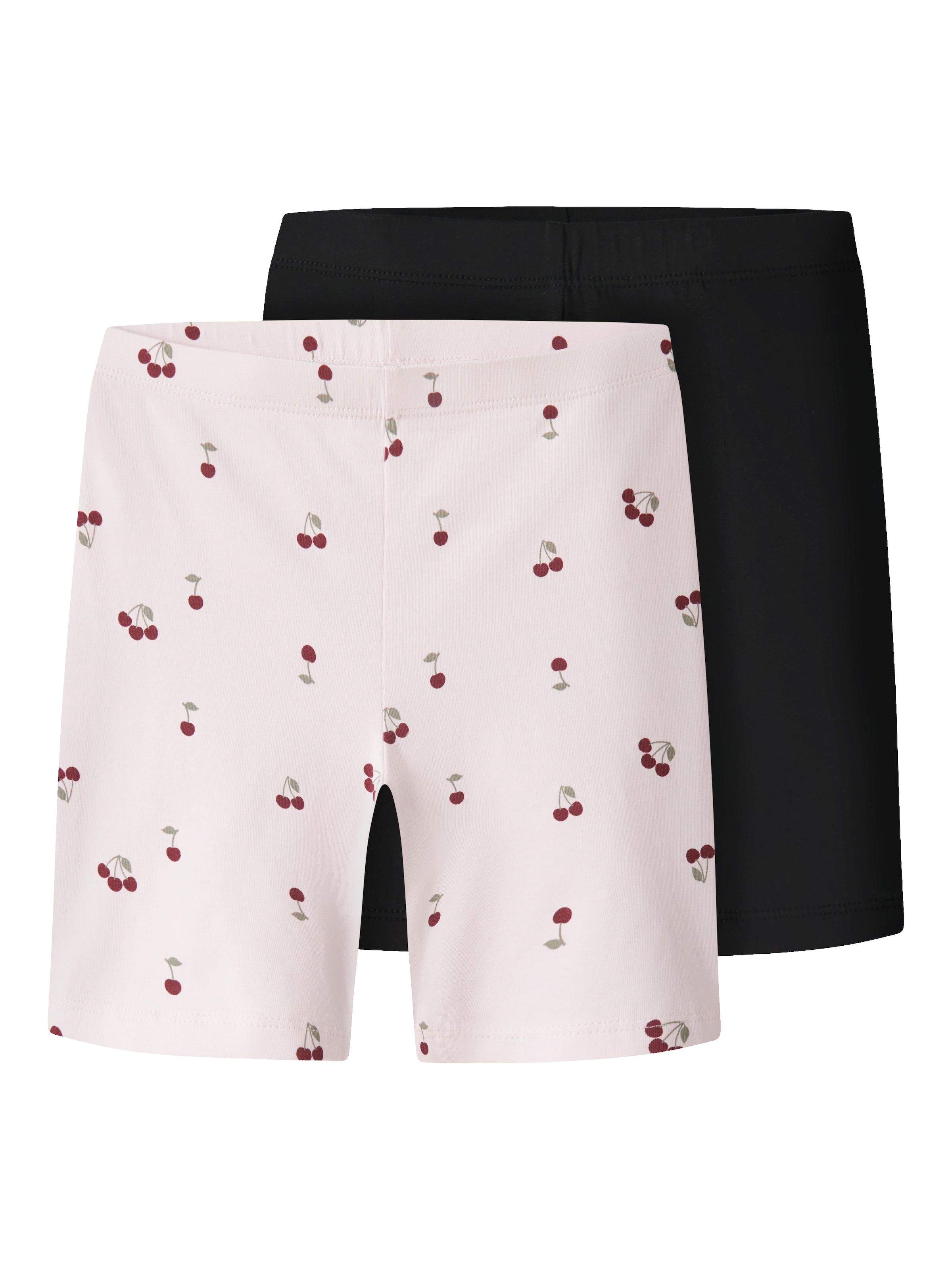 Radlerhose NAME IT "NKFVIVIAN 2P AOP SHORT LEGGING NOOS", Kinder, Gr. 98/104, N-Gr, schwarz pack:cradle pink with cherry aop, Jersey, Obermaterial: 95% Baumwolle, 5% Elasthan, bedruckt, unifarben, kurz, Hosen Radlerhose, Baumwollmischung, elastischer Bund