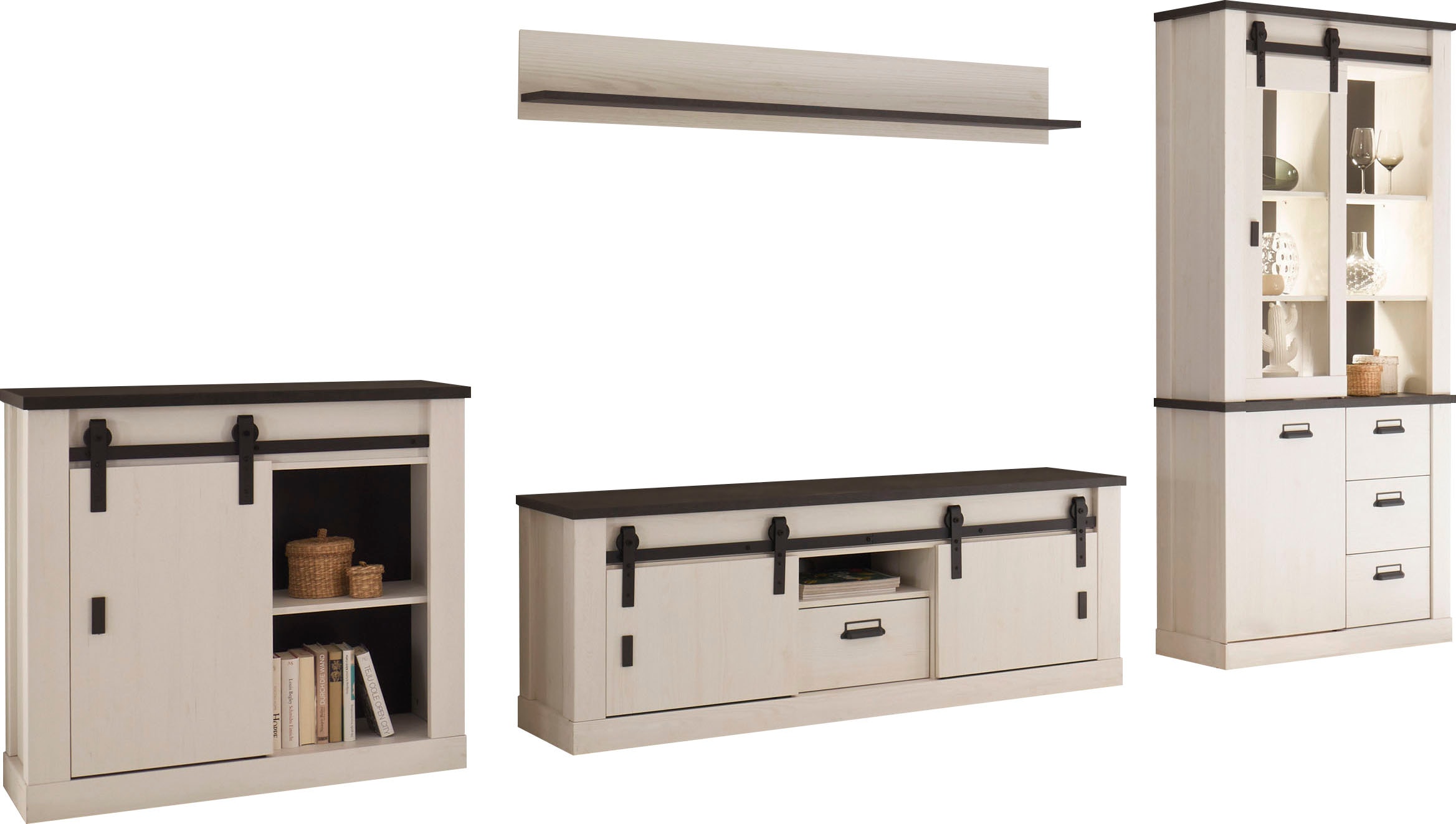 Home affaire Wohnwand "Sherwood, Anbauwand im Industrial-Style, Komplettset, Wohnzimmer-Set" 4 Stk. tlg.