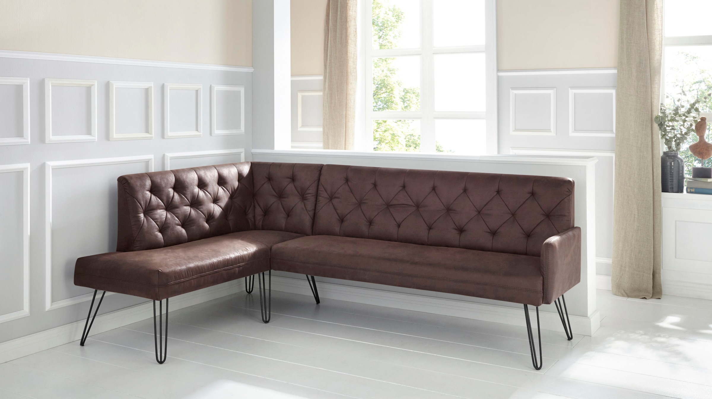 exxpo - sofa fashion Eckbank "Doppio, Chesterfield Optik, komfortabel und bequem, hohe Designfüße", Frei im Raum stellba