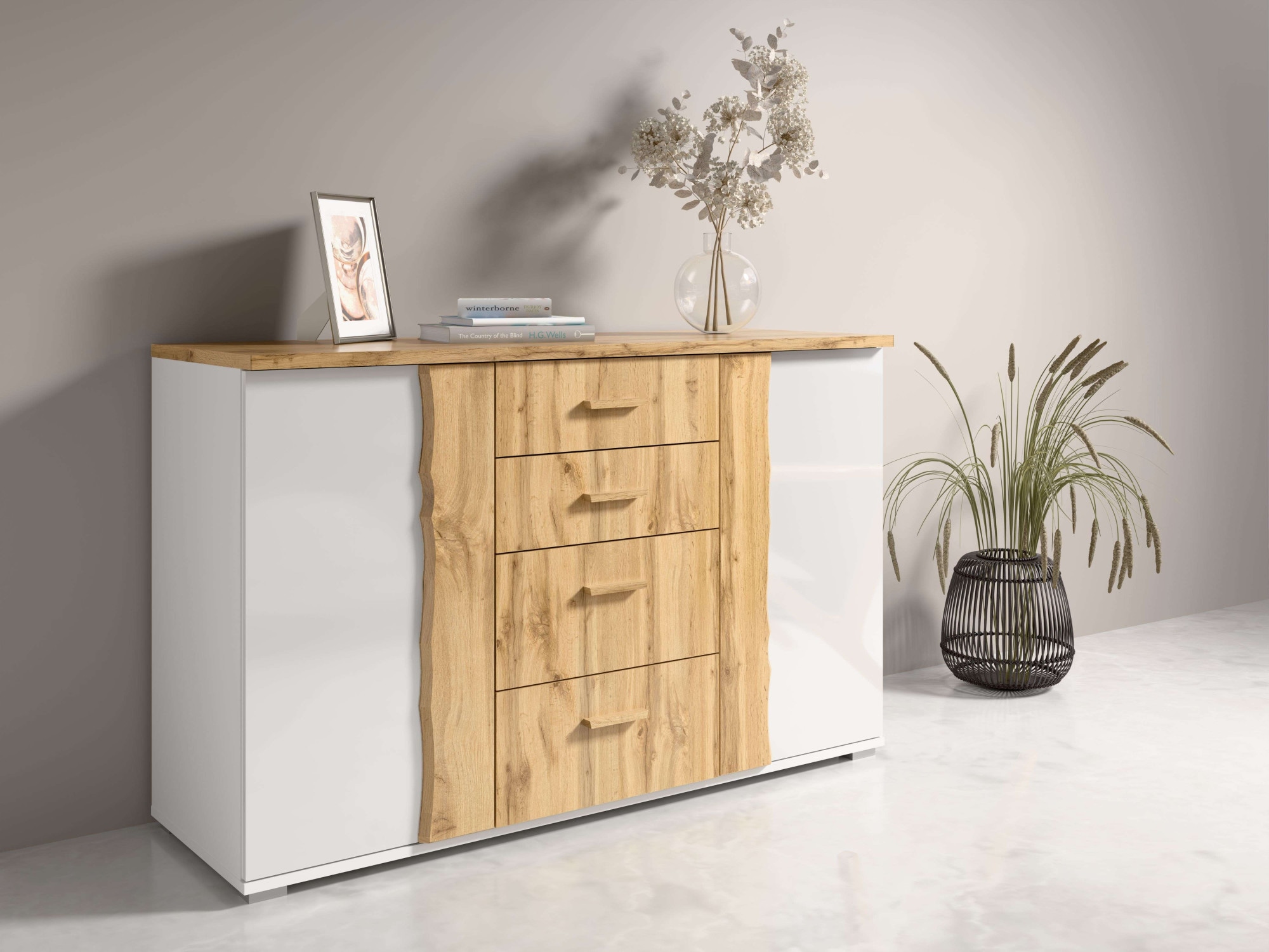 OTTO home Kommode "Kommode Fabellaa mit 4 Schubladen, 2 Einlegeböden, BxHxT 130x82x45 cm" mit viel Stauraum, 2 Drehtüren