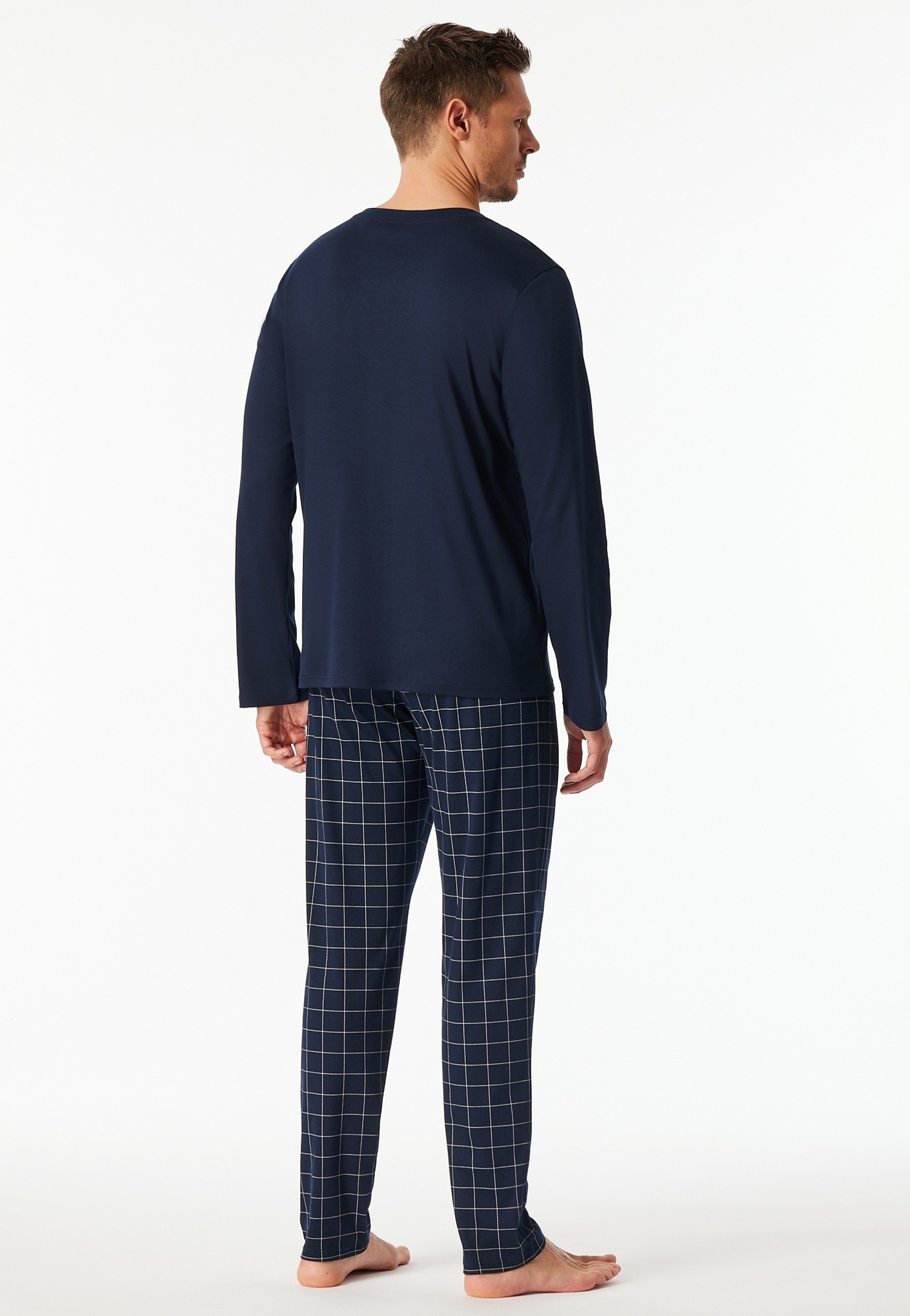 Thumbnail - Schiesser Pyjama "Fine Interlock" 2 tlg. Oberteil in Uni, karierte Hose, V-Neck, Langarm, Baumwolle