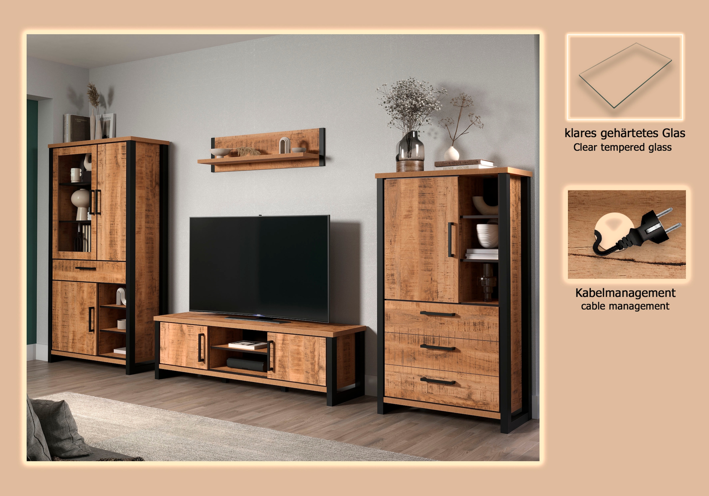Home affaire Wohnwand »Elda« Komplett-Set, 4 Stk. tlg. Set bestehend aus: TV Lowboard, Vitrine, Wandboard,Highboard