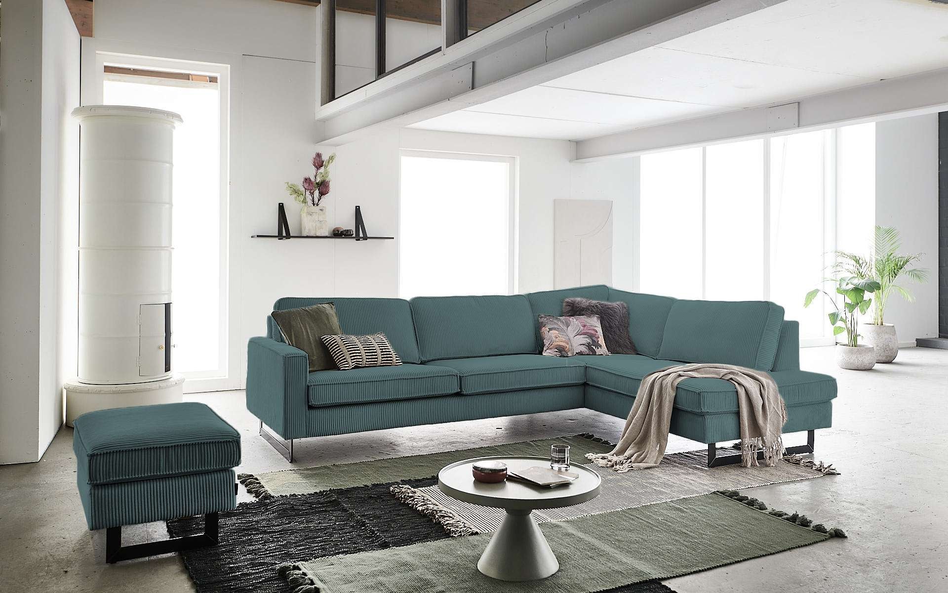 OTTO home Ecksofa "Pinto, 290 cm, Cord, Chenille, Lederoptik, Ottomane links / rechts" mit Keder, schwarze Metallfüße, Wellenunterfederung