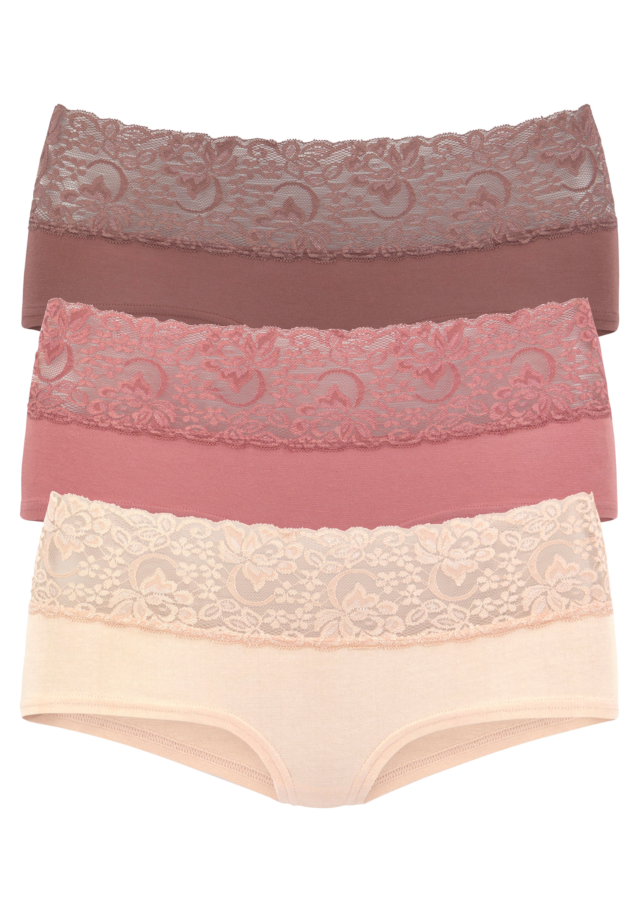 Vivance Panty, (3er-Pack), aus elastischer Baumwolle mit floraler Spitze