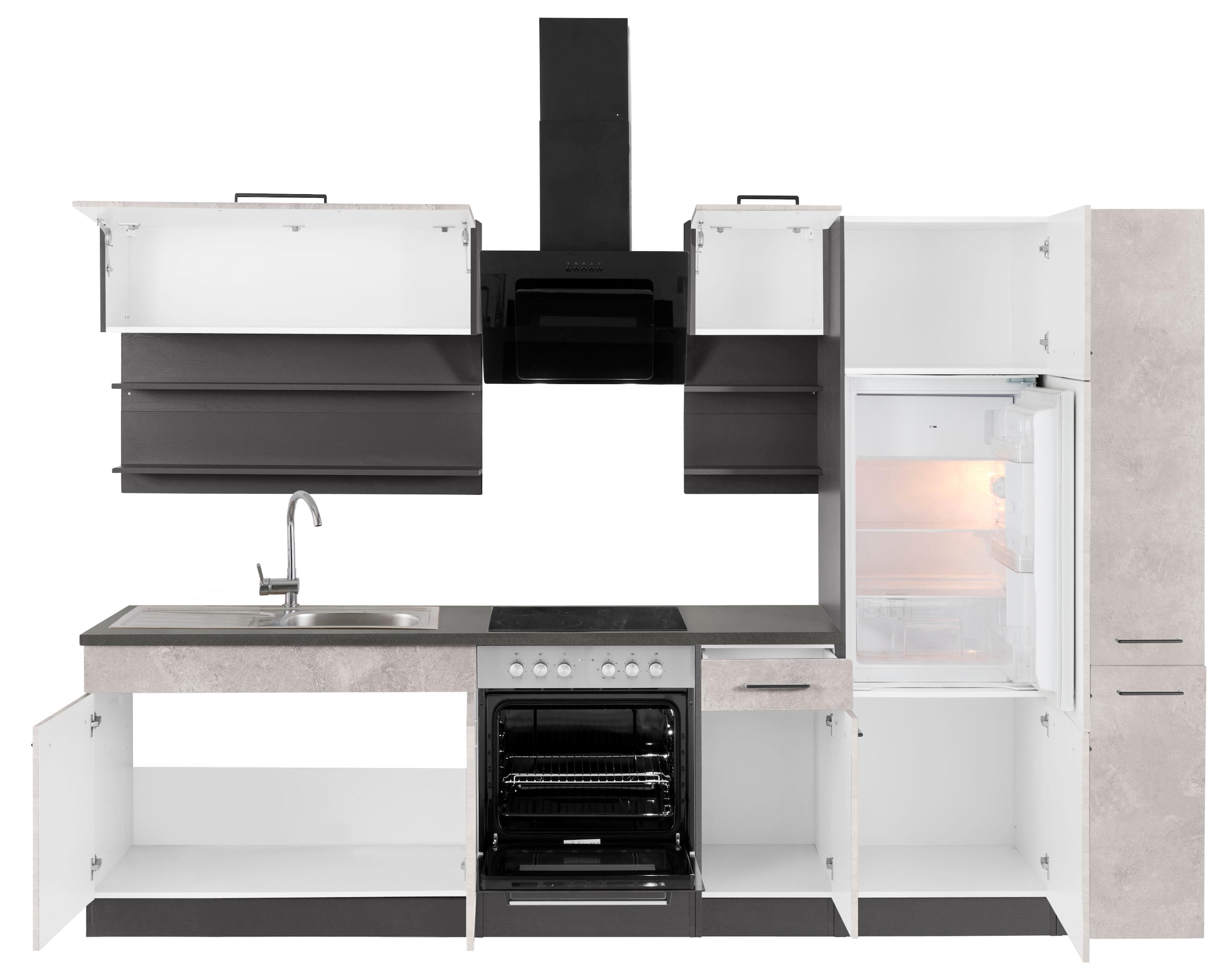 KOCHSTATION Küchenzeile »KS-Tulsa«, mit E-Geräten, Breite 300 cm, schwarze Metallgriffe, MDF Fronten
