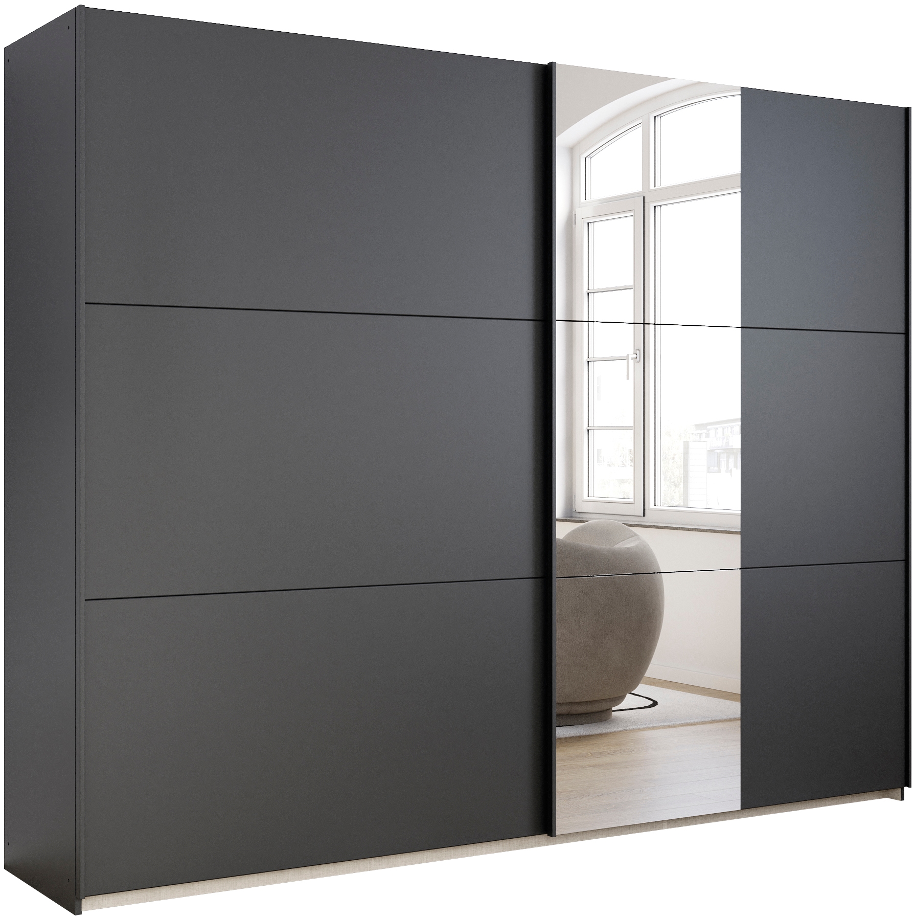 rauch Schwebetürenschrank "Kleiderschrank Drehtürenschrank Schrank Garderobe KRONACH" in 3 Ausstattungen BASIC/CLASSIC/PREMIUM, Breiten 131/175/218/261 cm, optional ohne, mit 1 oder 2 Spiegel, viel Stauraum MADE IN GERMANY