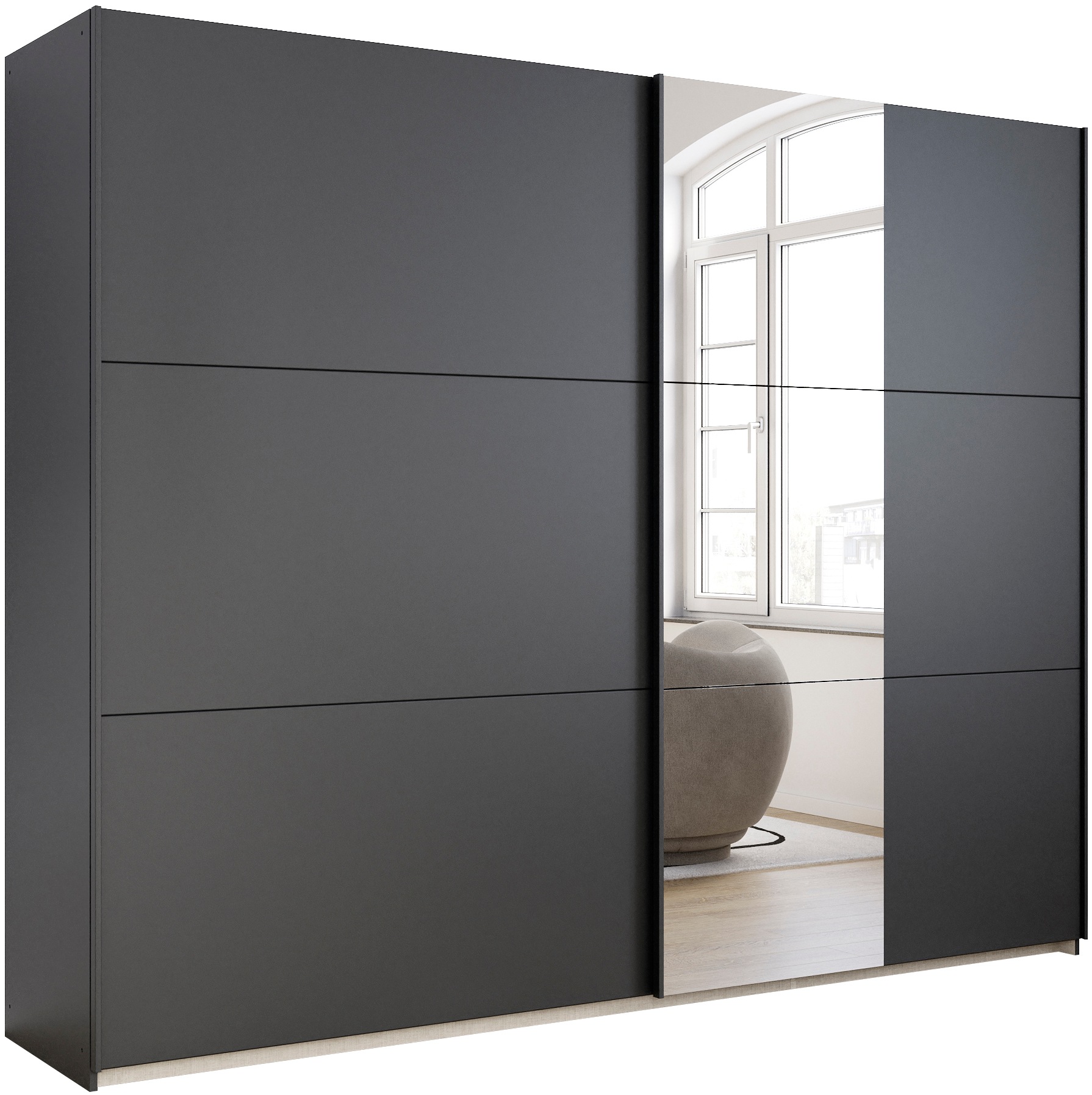 Schwebetürenschrank RAUCH, B:261cm H:210cm T:59cm, grau, Holzwerkstoff, Schränke, "Kleiderschrank Drehtürenschrank Schrank Garderobe KRONACH