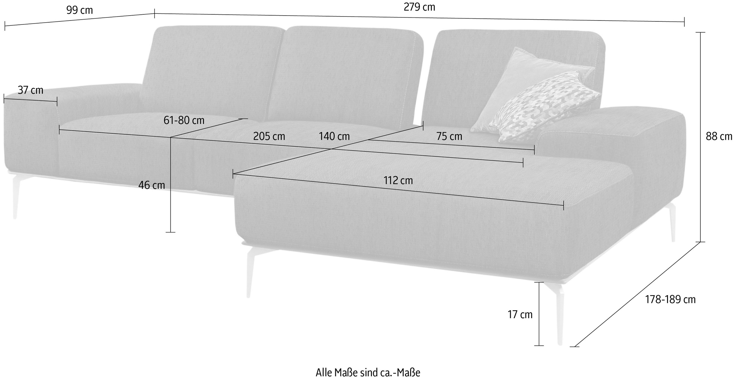 W.SCHILLIG Ecksofa »run, Designsofa mit tollem Sitzkomfort, bequem, L-Form«, mit Holzsockel, Füße in Schwarz pulverbeschichtet, Breite 279 cm