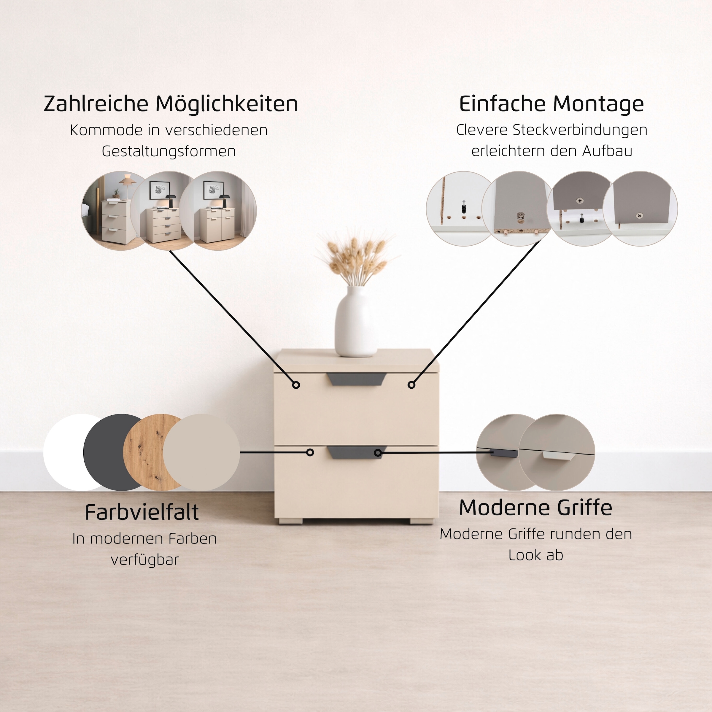 rauch Nachtkommode »Nachttisch Nachtkonsole COSTA mit farblich passenden Metallgriffen« in 2 Griff-Farben, Breite 40 cm,  zwei geräumige Schubladen MADE IN GERMANY