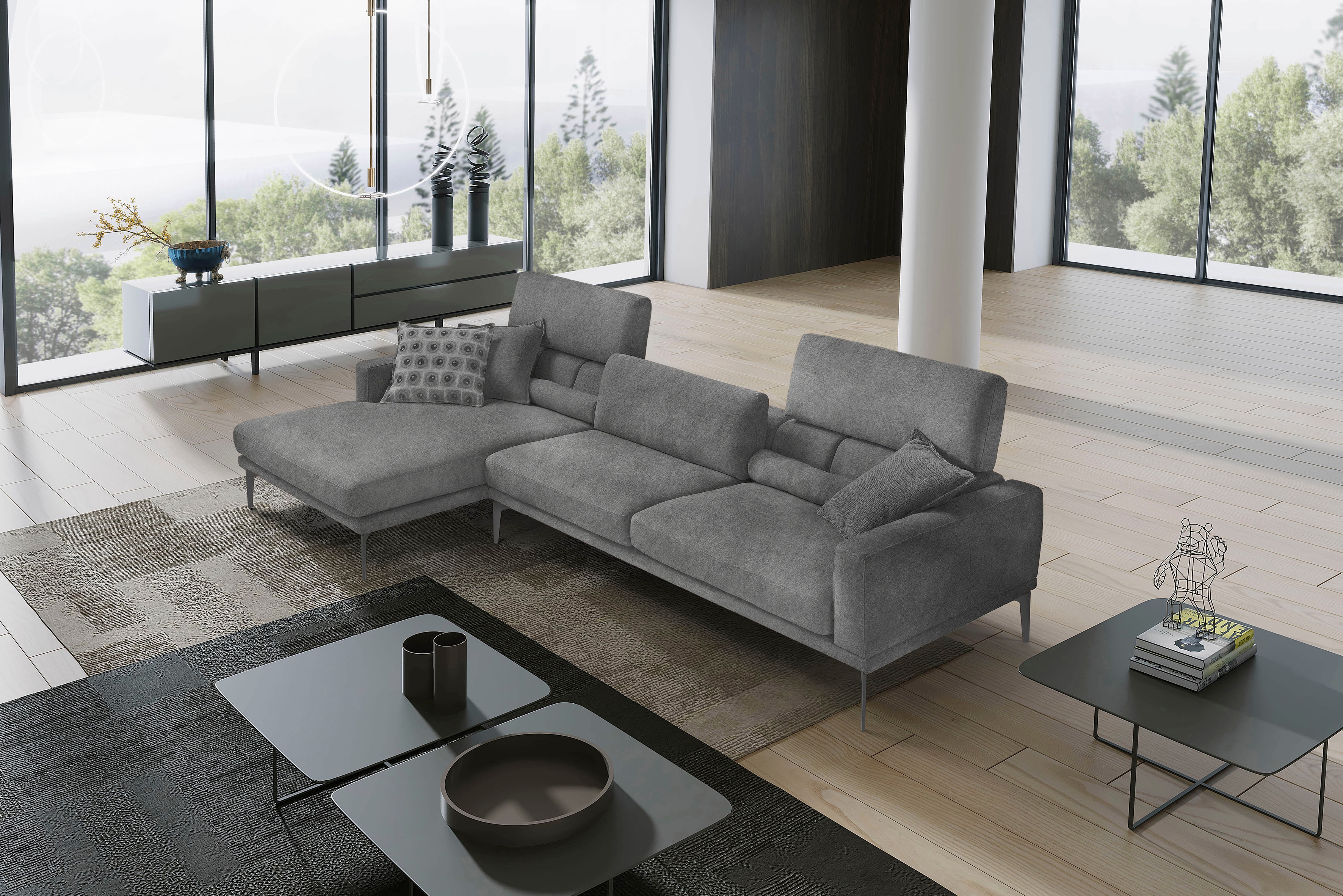 Egoitaliano Ecksofa "Masu, Design trifft sensationellen Sitzkomfort, Breite 277cm, L-Form" inkl. 2 Kissenrollen, Rückenelemente manuell verstellbar, Metallfüße