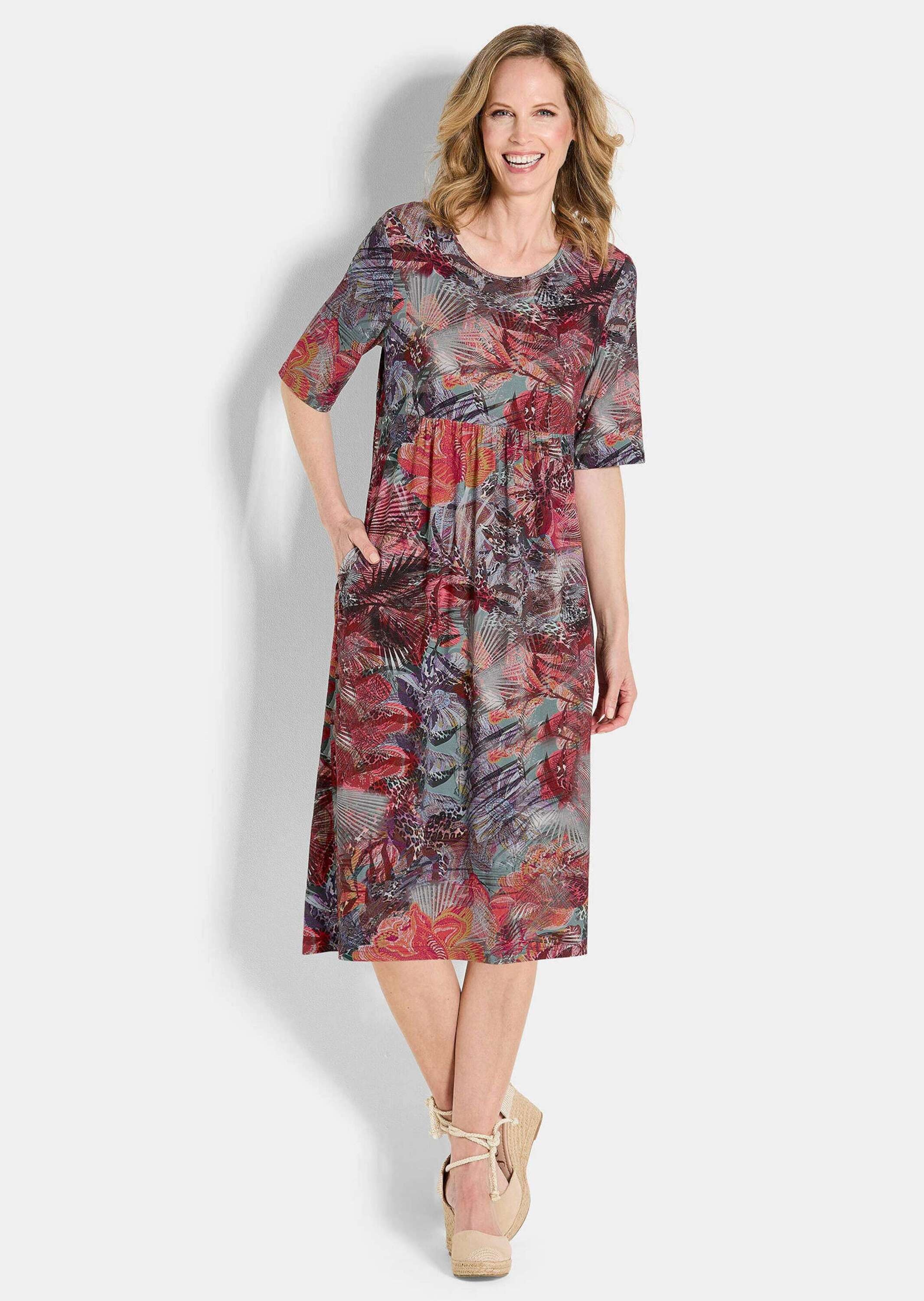 GOLDNER Sommerkleid "Kurzgröße Florales Druckkleid mit Rundhals" Taillennah günstig online kaufen