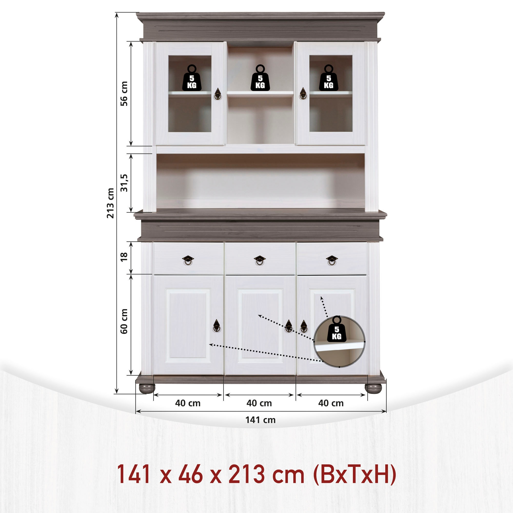 Inter Link Buffet »Halmaro, Kiefer Massivholz, Weiss/Grau-Lava, 141 x 46,30 x 213 cm« 1 Stk. tlg. Vitrine im Laudhausstil, Küchenschrank mit Glastüren, viel Stauraum