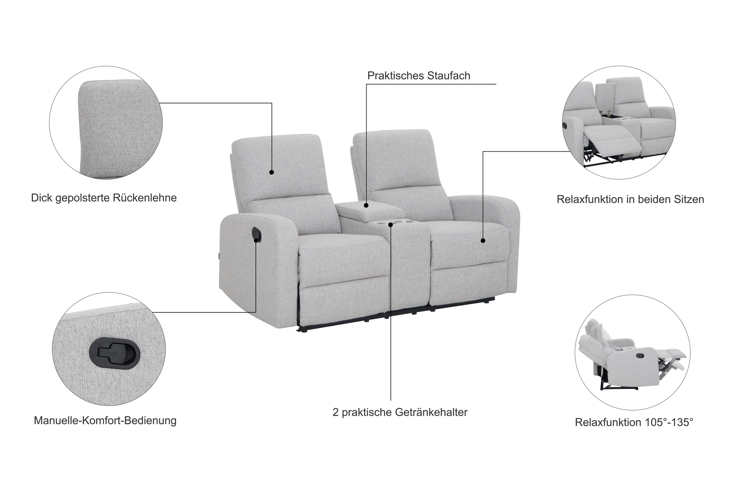 Home affaire 2-Sitzer »TOURNAY, 2er-Kinosofa, Liegesofa, TV-Sessel, Multimedia-Sofa«, mit manueller Relaxfunktion, Getränkehalter, Staufach