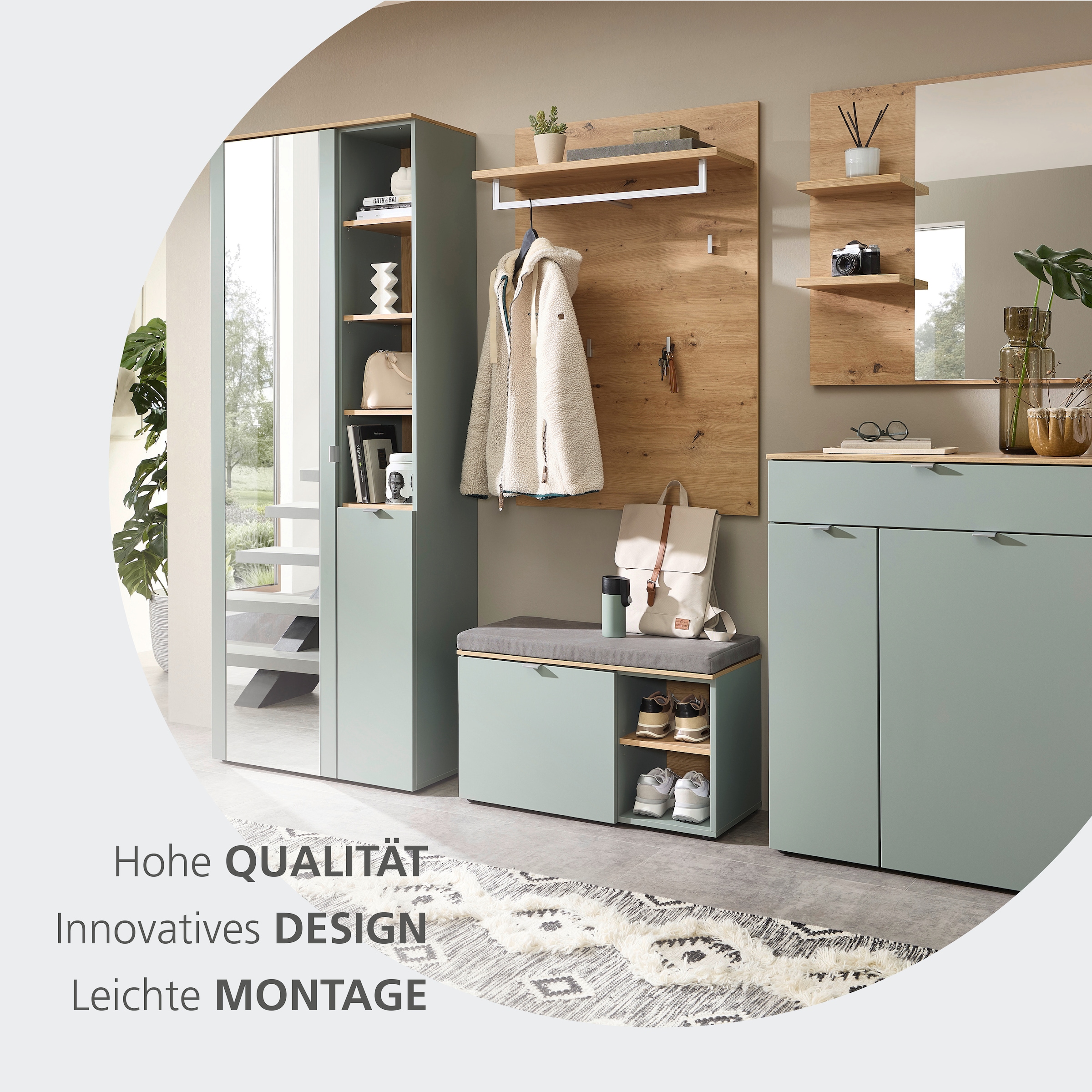 Innostyle Garderobenschrank »BARI Garderobenschrank mit Spiegel, BxHxT 78x202x38 cm«, (1 St.), 2 türig, 10 Fächer, Softclose, ABS Kantenschutz, Kleiderstange