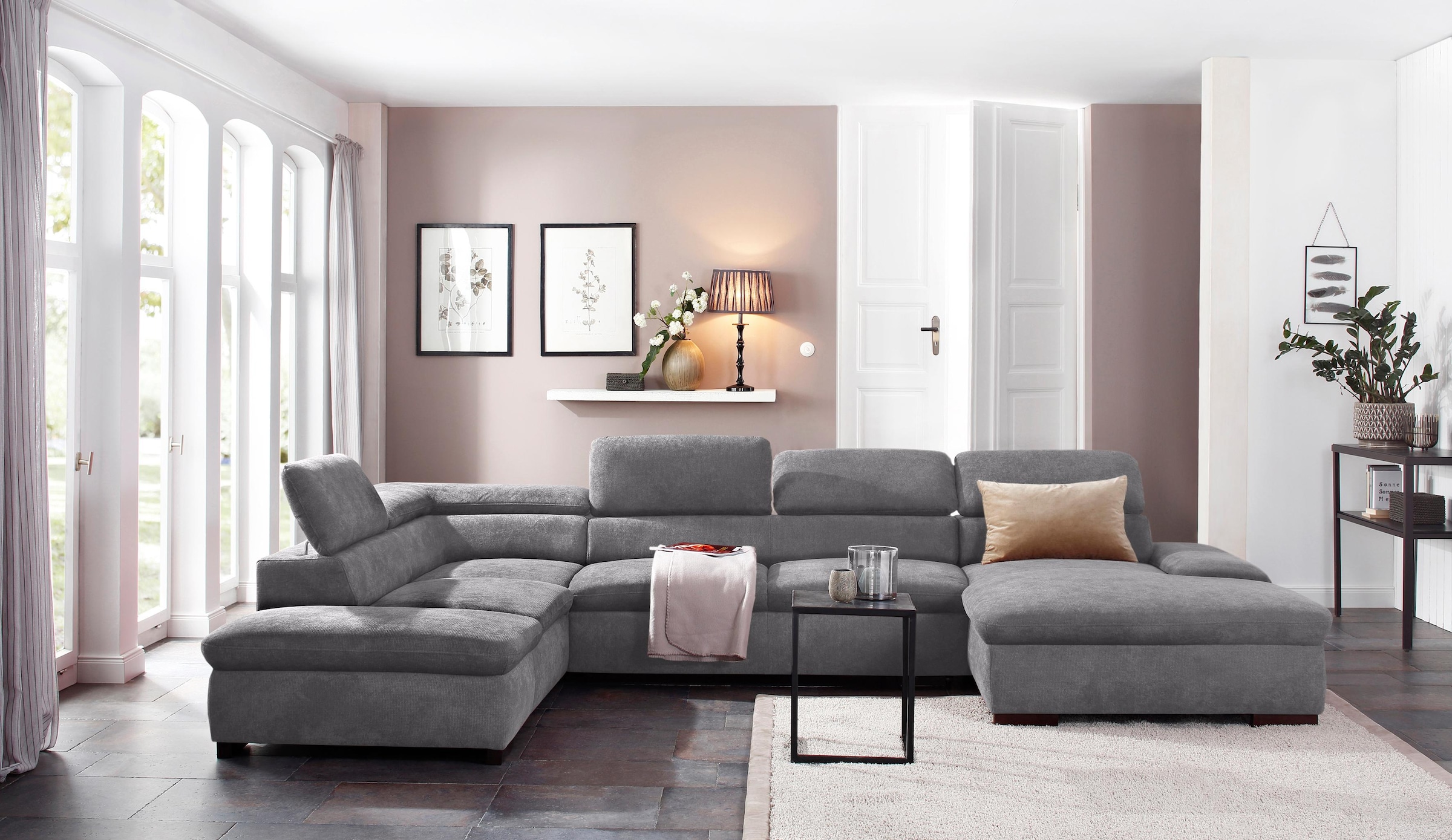 OTTO home Wohnlandschaft "Alberto U-Form, B: 350 cm, mit Kopfteilverstellung, XXL-Sofa" mit Schlaffunktion, Couch mit Lederoption