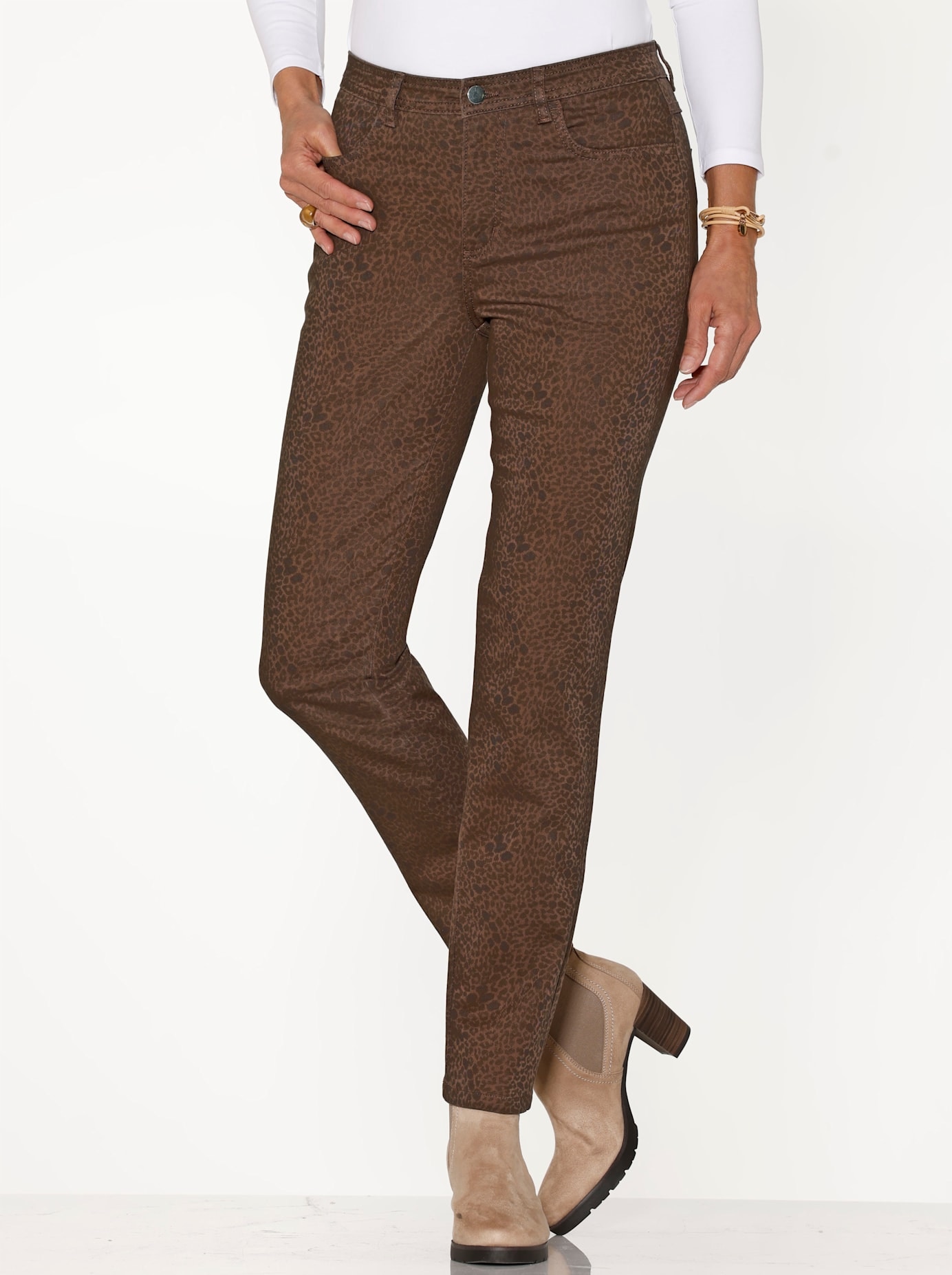 Bequeme Jeans CLASSIC BASICS, Damen, Gr. 42, Normalgrößen, braun (braun, schoko, bedruckt), 97% Baumwolle, 3% Elasthan, gemustert, lang, Jeans