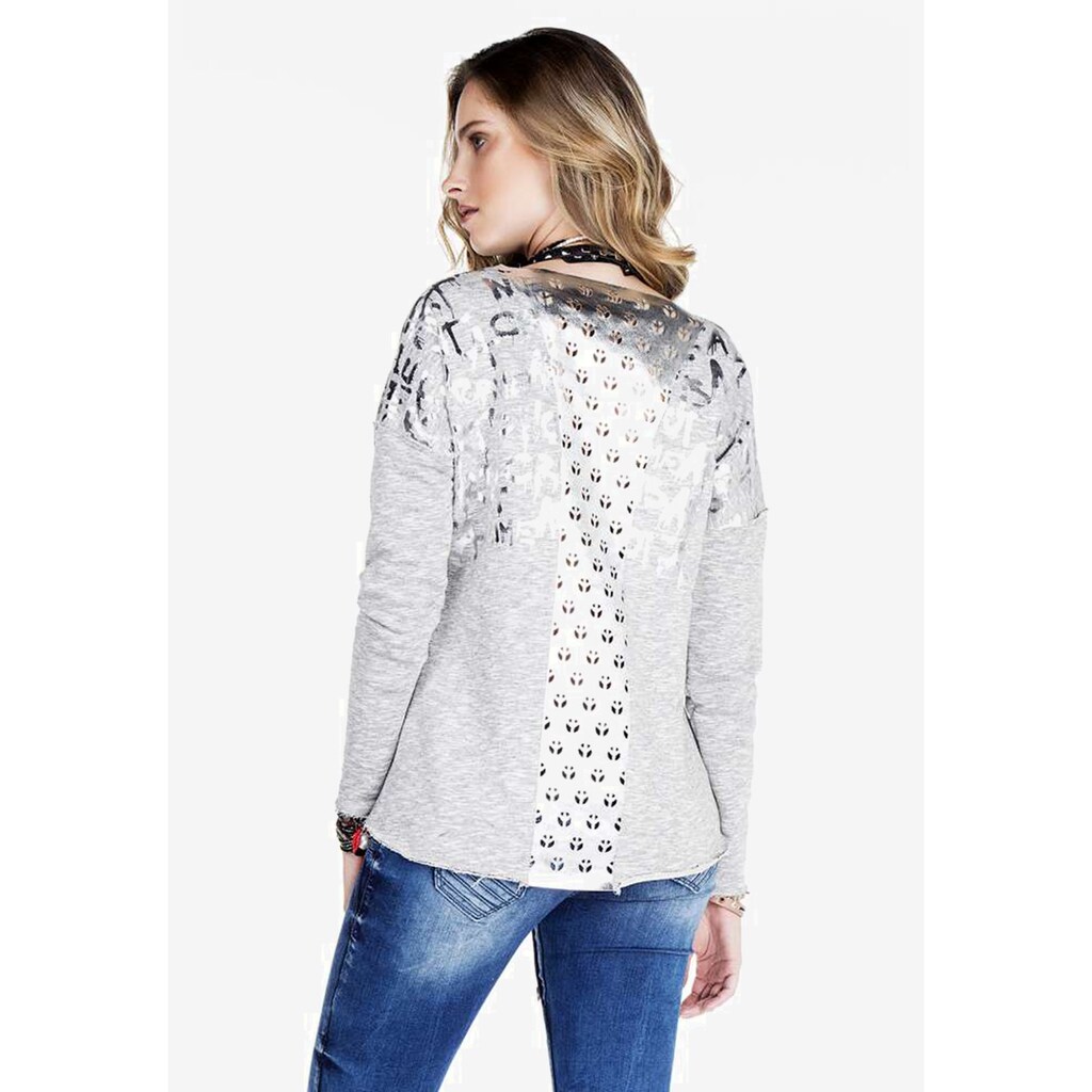 Damenmode Shirts & Sweatshirts Cipo & Baxx Langarmshirt, mit glänzendem Graffitiprint grau-silberfarben Damenmode Shirts & Sweatshirts Cipo & Baxx Langarmshirt, mit glänzendem Graffitiprint grau-silberfarben