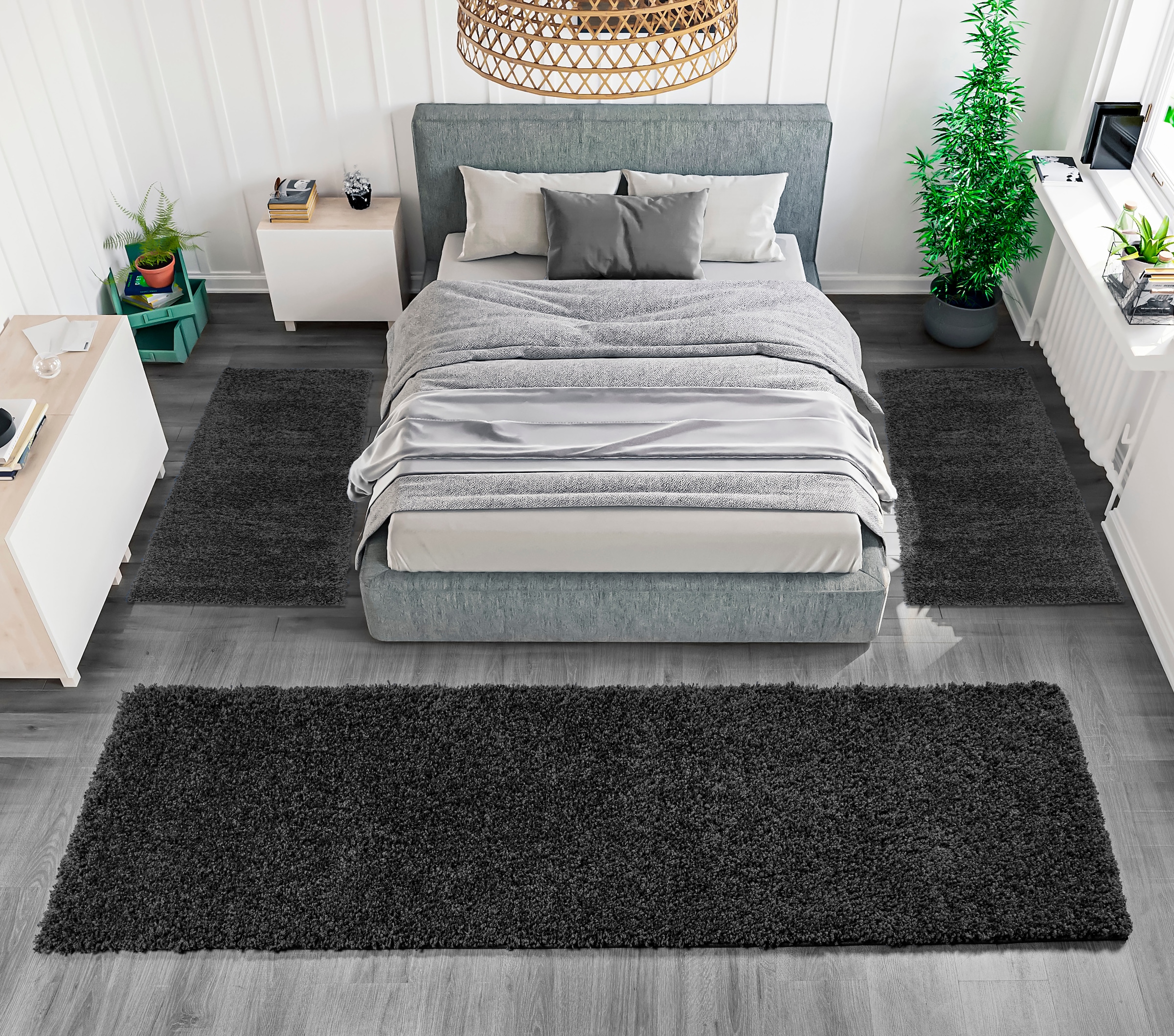 my home Bettumrandung »Shaggy 30«, (3 tlg.), gewebt, 2- oder 3-teilig, Bettvorleger, Läufer-Set, Uni-Farben