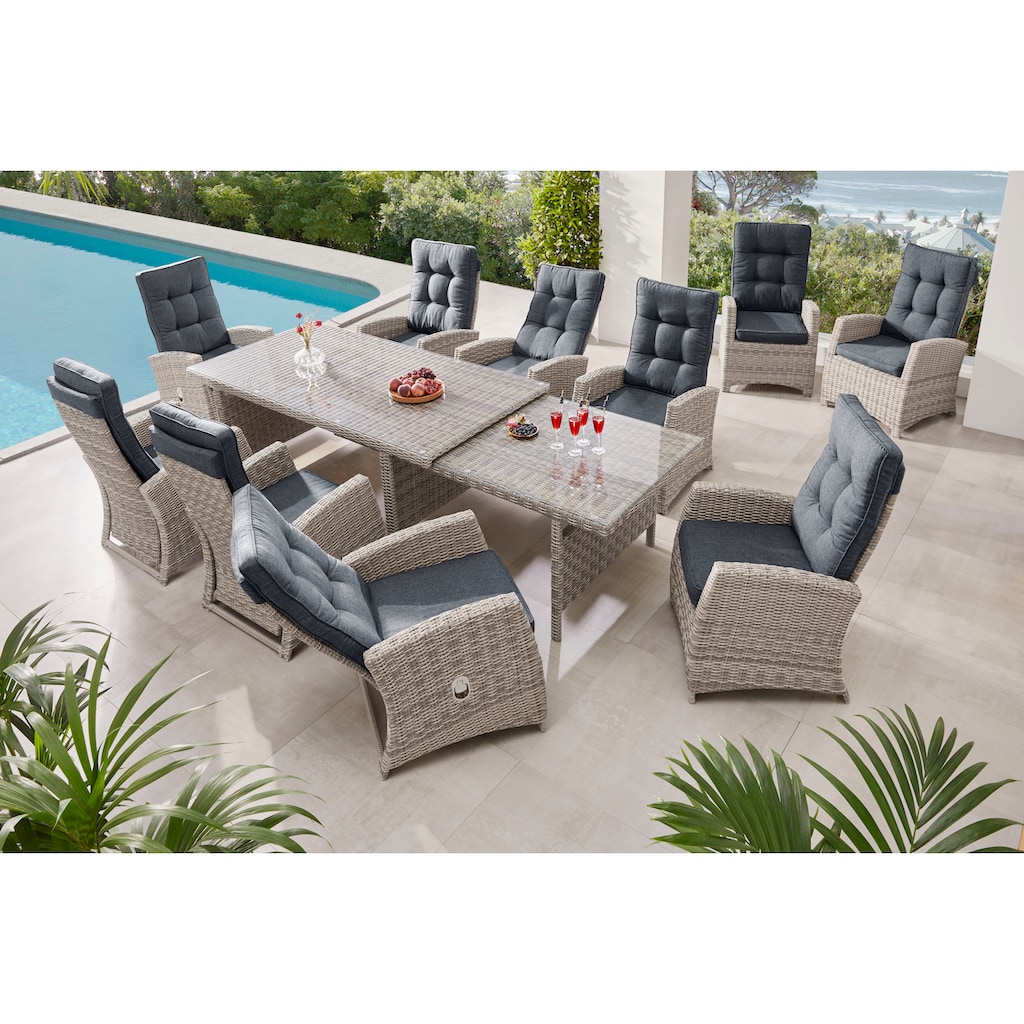 KONIFERA Garten-Essgruppe »Monaco«, (Set, 31 tlg., 10x Sessel, 1xTisch 200-366x100x75,5cm, inkl. Auflagen, Polyrattan,Alu), Rückenlehne verstellbar, Tischplatte aus 5mm starkem Sicherheitsglas