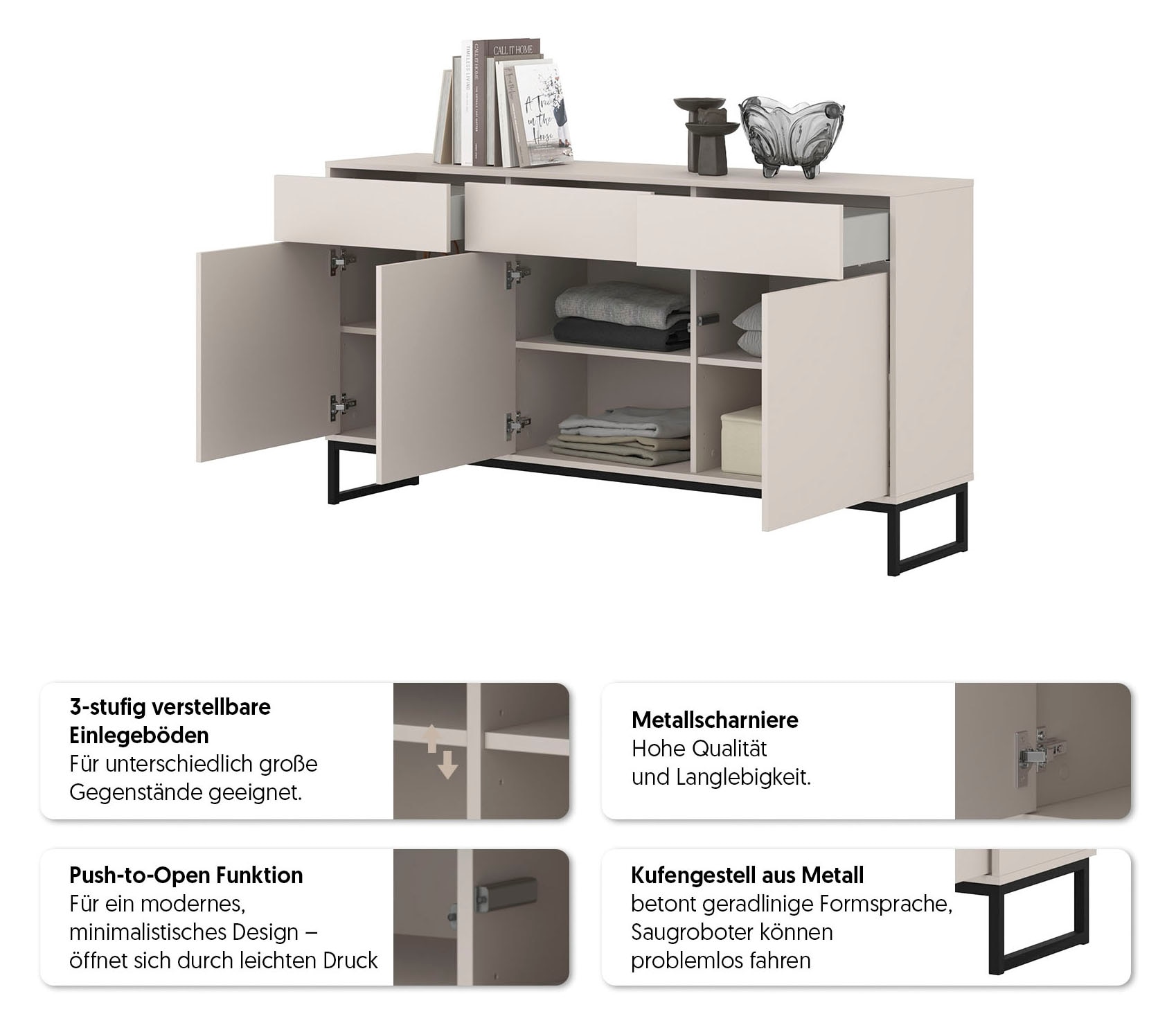 OTTO home Sideboard »Olbia, Breite 157 cm, grifflose Kommode 3 Türen/3 Schubkästen.« Schubladenkommode mit viel Stauraum, Einlegeböden verstellbar