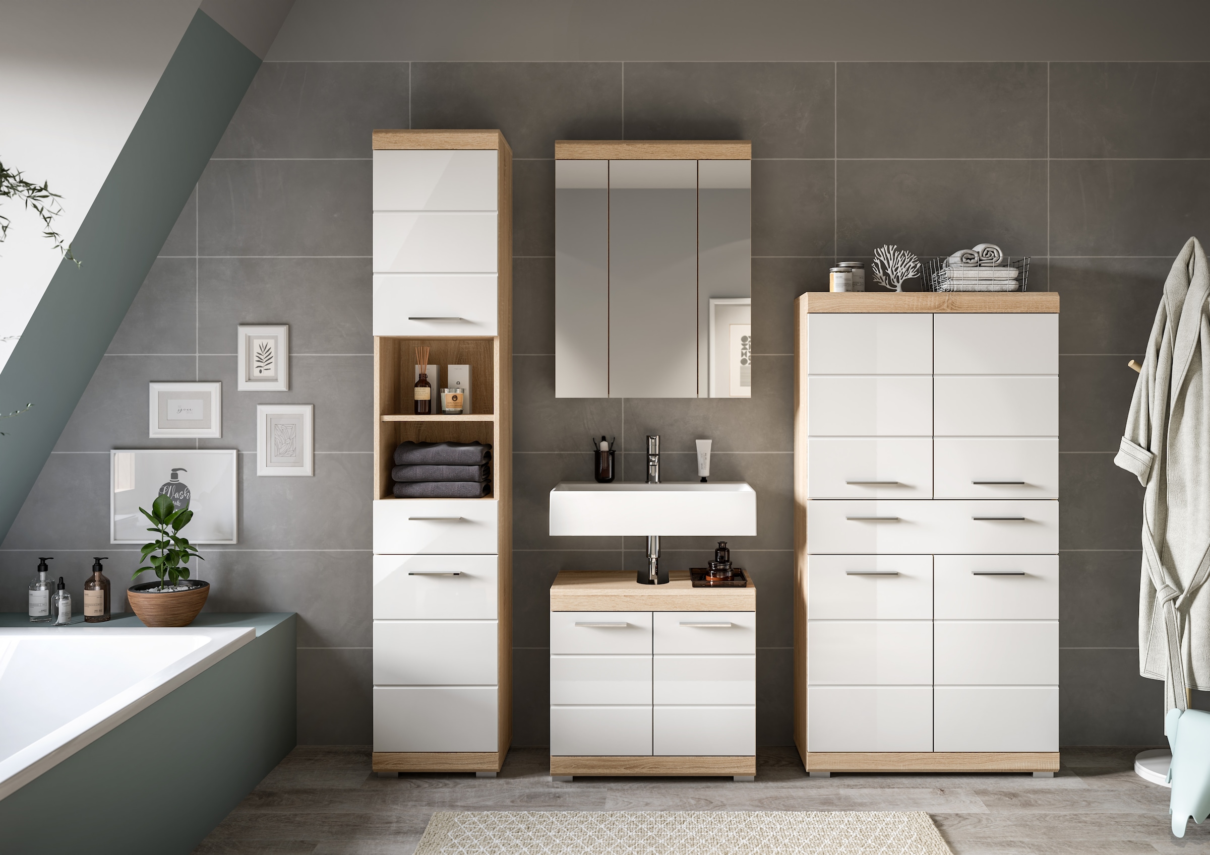 INOSIGN Badmöbel-Set »Siena, 4 teilig, bestehend aus:«, (Set), Hochschrank, Waschbeckenunterschrank, Spiegelschrank, Midischrank