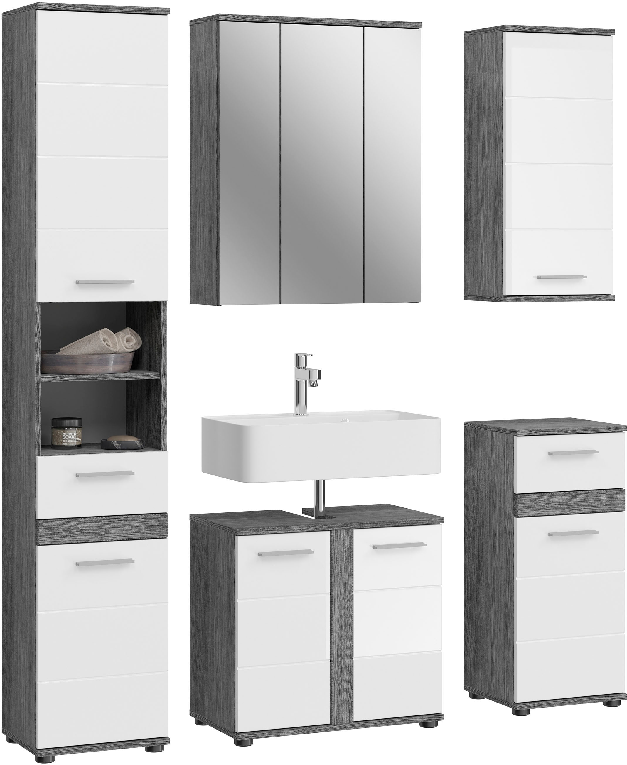 welltime Badmöbel-Set »LUCCA, 5-teilig, TOPSELLER!, MDF Hochglanzfront, bestehend aus:«, (Set, 5 St.), Hochschrank, WBU, Spiegel, Unterschrank, Hängeschrank