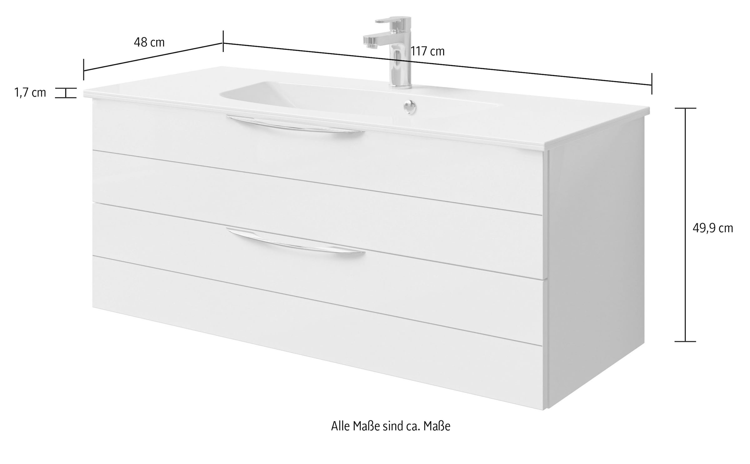 Saphir Waschtisch »Serie 6025 Mineralmarmor-Waschtisch mit Unterschrank, 117 cm breit«, Waschplatz mit 2 Schubladen, hängend, verschiedene Ausführungen