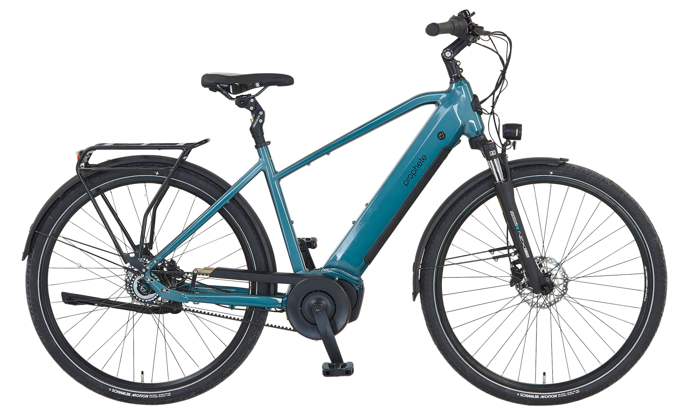 Prophete "Geniesser 5.0 mit Gates Riemenantrieb" 7 Gang Shimano Nexus Schaltwerk Nabenschaltung Mittelmotor 250 W Suntour Parallelogramm Federsattelstütze