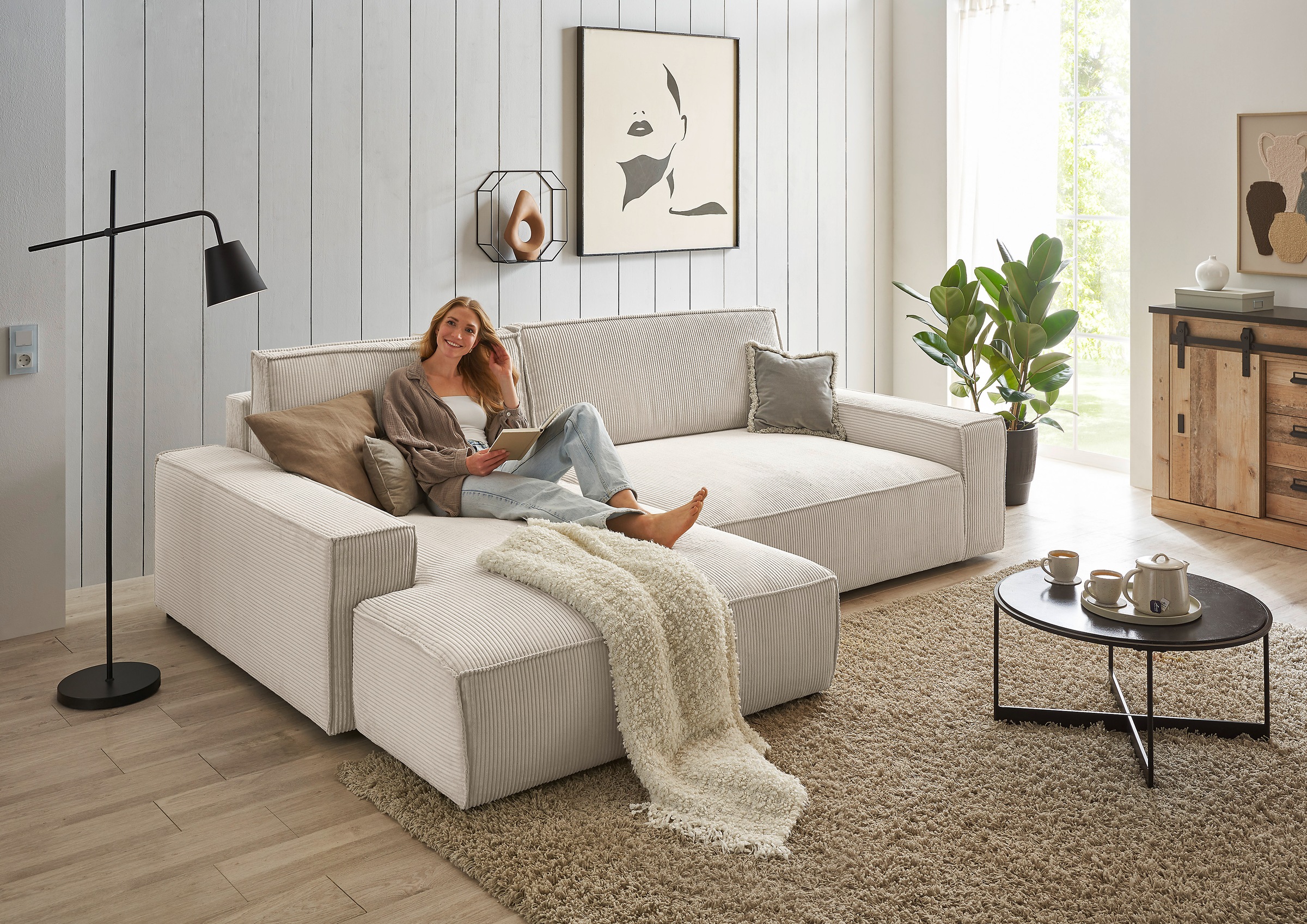 Home affaire Ecksofa »NEU: SHERWOODL XXL 284, Big-Sofa L-Form, tiefe Sitzfläche 95 cm, Cord,«, Leinenoptik, Recamiere rechts/links, auch als Schlafsofa stellbar