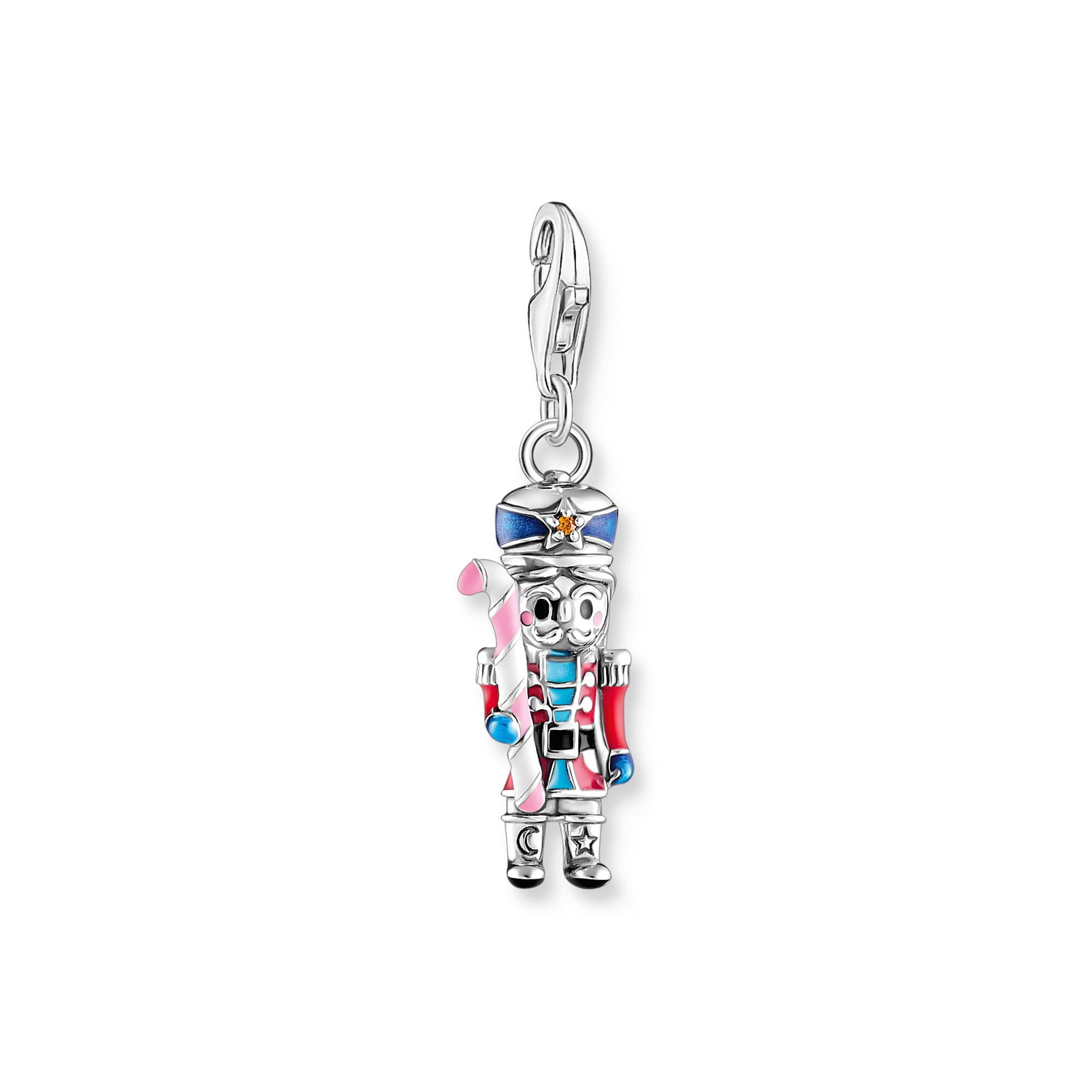 Charm-Einhänger THOMAS SABO "Nussknacker mit Zuckerstange", silberfarben, dunkelblau, rot, hellblau, weiß, schwarz, pink, orange, orange, Charms, Damen, Silber 925 (recycelt), mit Zirkonia (synth.)