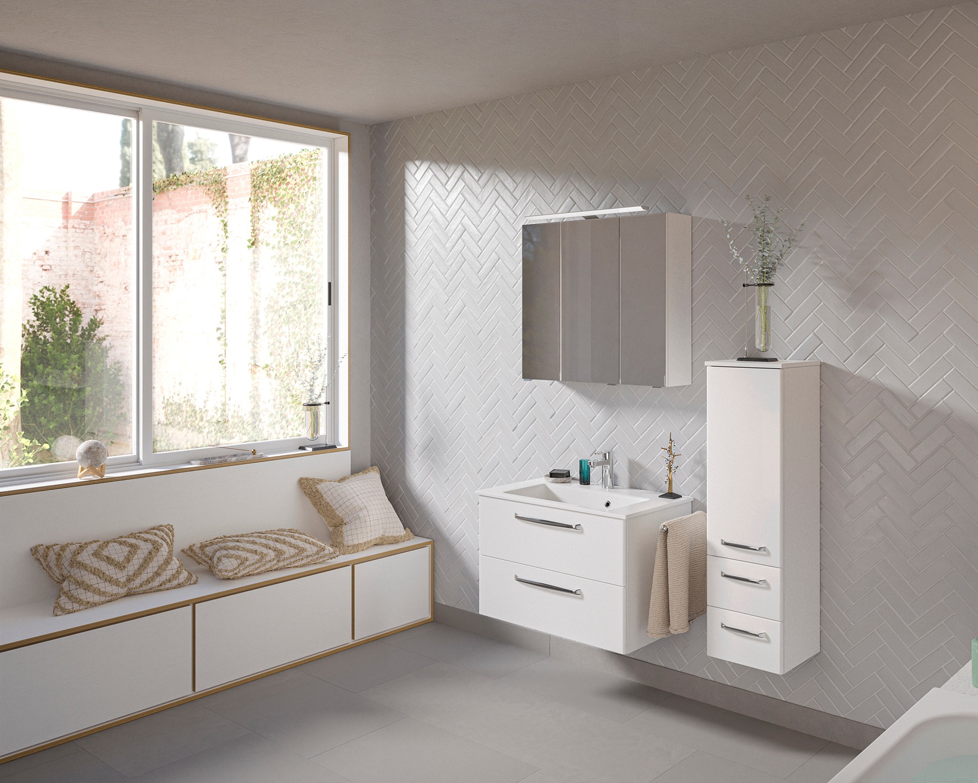 Saphir Badmöbel-Set »Badmöbel-Set Trentino 3-tlg Mineralmarmorwaschtisch,LED-Spiegelschrank«, (4 St.), Badezimmer-Set mit Midischrank inkl. Türdämpfer