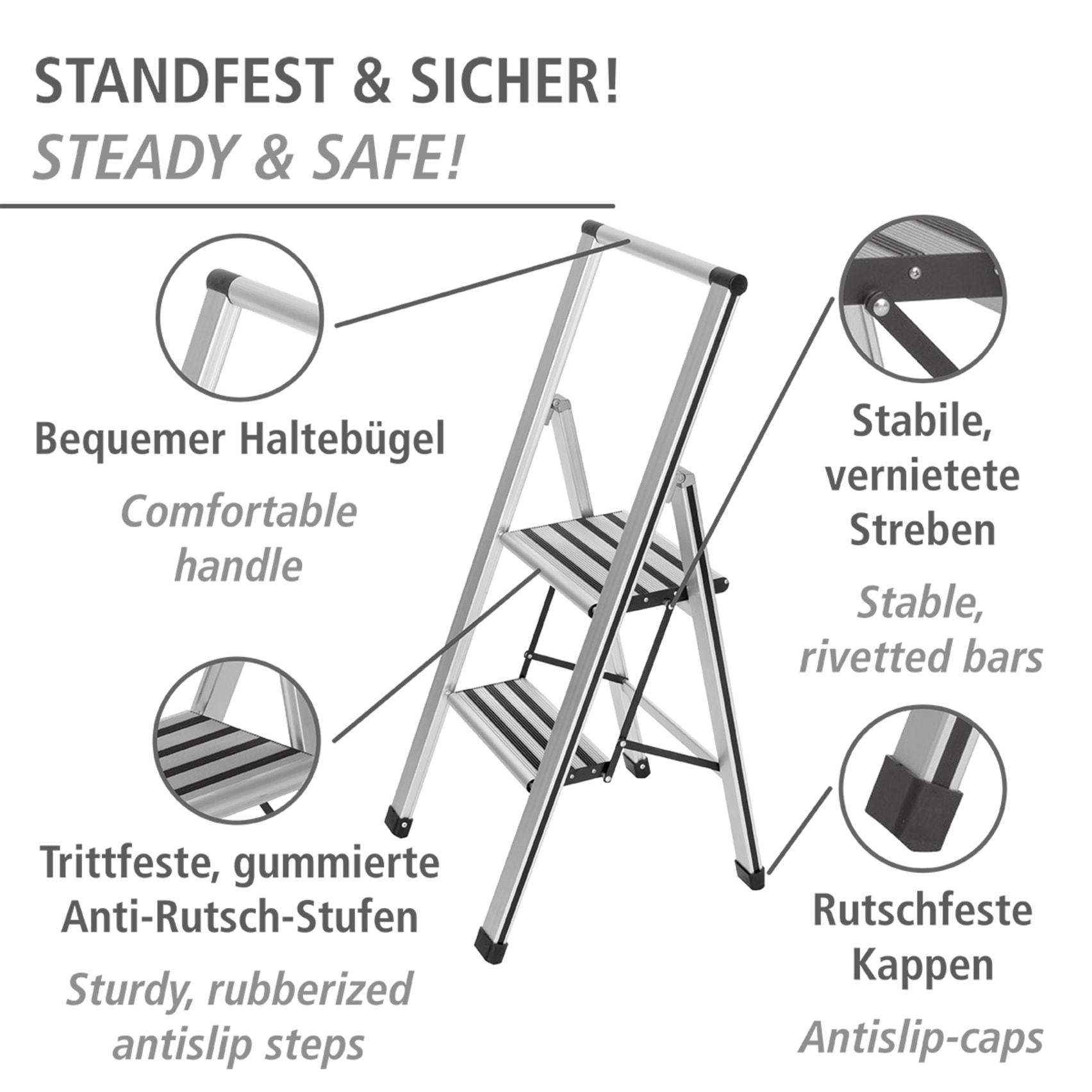 WENKO Trittleiter »Modell Alu-Design«, Klapptritt Leiter, rutschsichere XXL-Stufen, klappbar, bis 150 kg