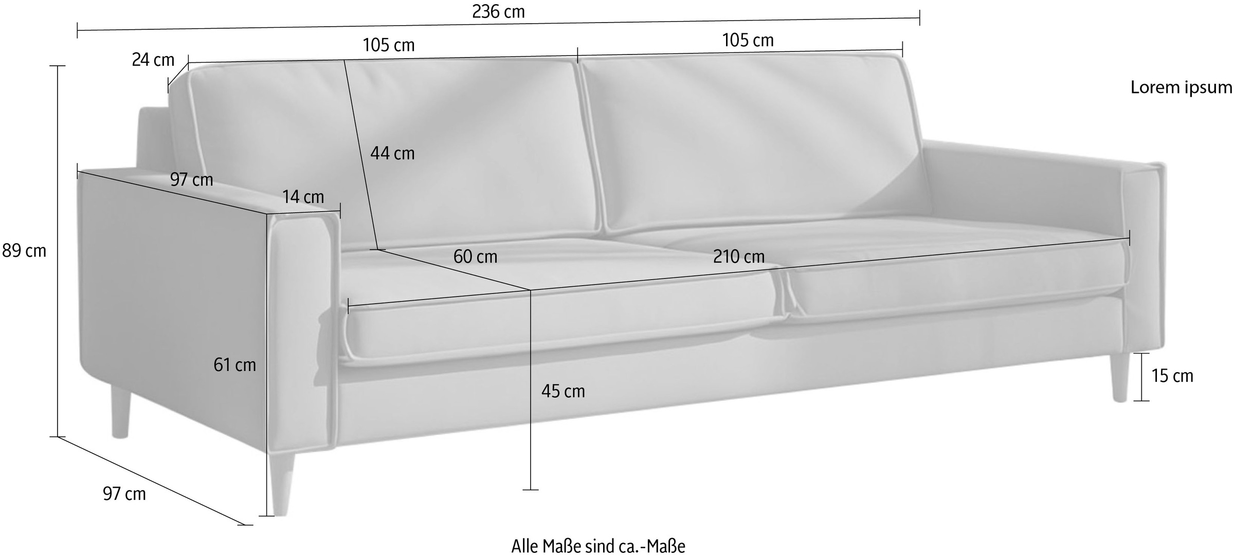 Home affaire 3-Sitzer »Pinto Skandi,Maxi-Ausführung, 236 cm, Chenille, Struktur« mit Keder, Massivholzfüße Eiche geräuchert, Wellenunterfederung