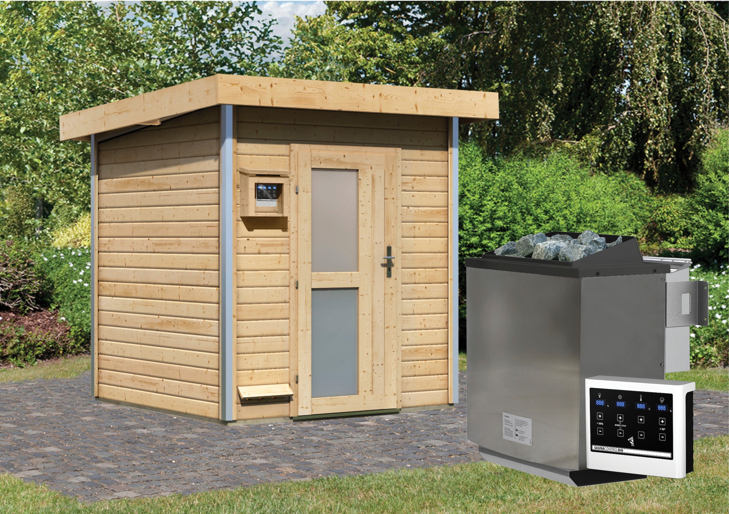 Karibu Saunahaus »Klaas«, Milchglastür, Ofen 9 kW Bio externe Strg easy