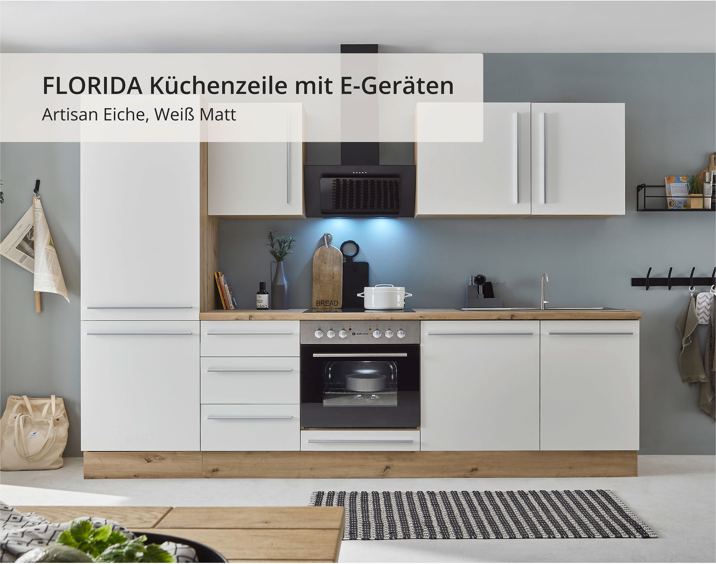 KOCHSTATION Küchenzeile »KS-Florida mit 38mm starker Arbeitsplatte«, Breite 280 cm, wahlweise mit E-Geräten, Soft-Close-Funktion