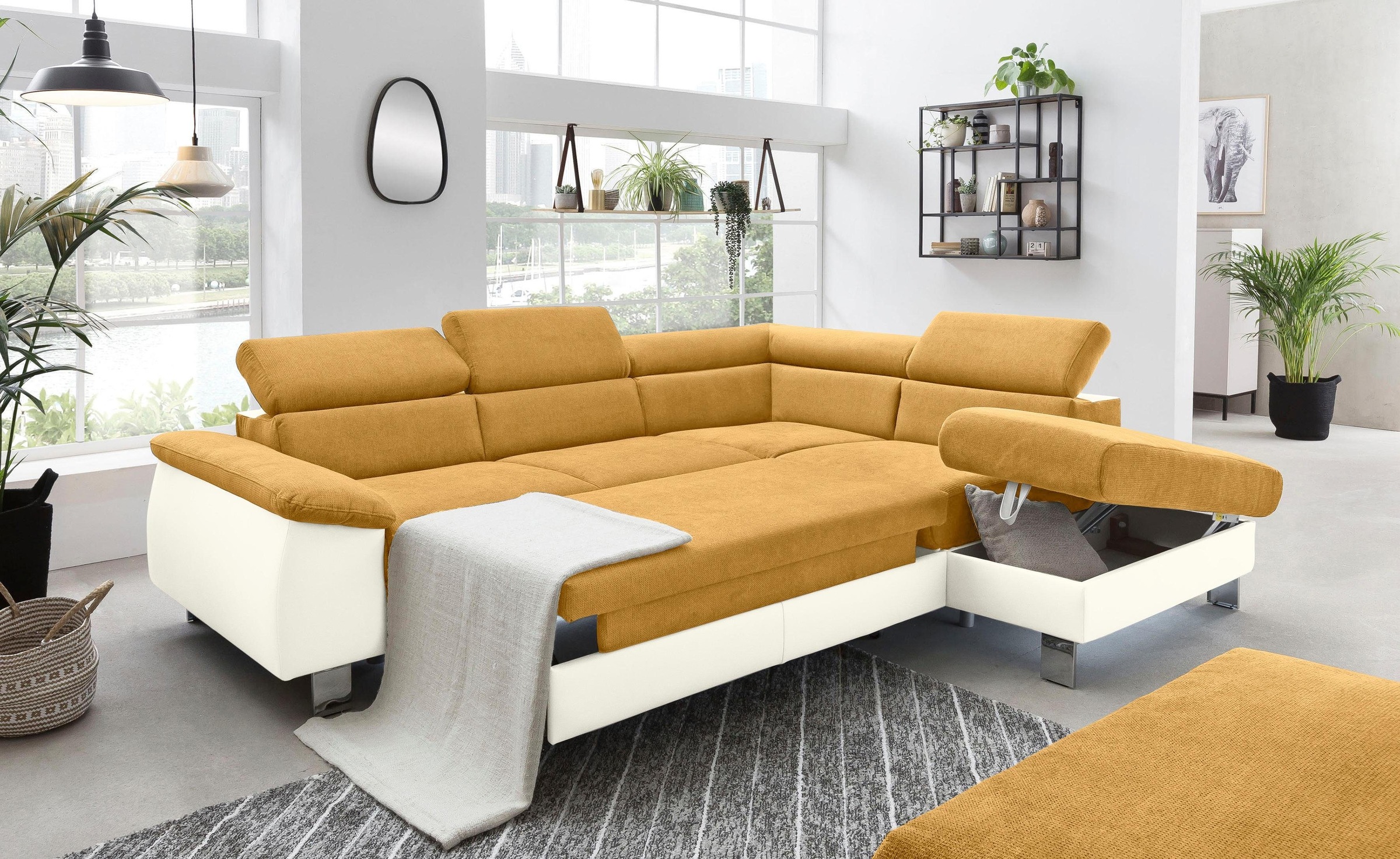 COTTA Ecksofa »Komaris L-Form mit Kopfteilverstellung«, wahlweise mit Bettfunktion, Bettkasten & Beleuchtung