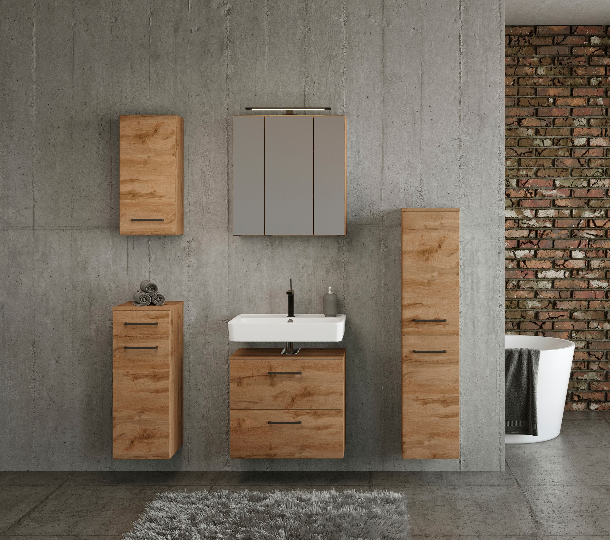 welltime Badmöbel-Set »Chicago«, (4 St., Spiegelschrank, Unterbeckenschrank, Hängeschrank, Unterschrank)