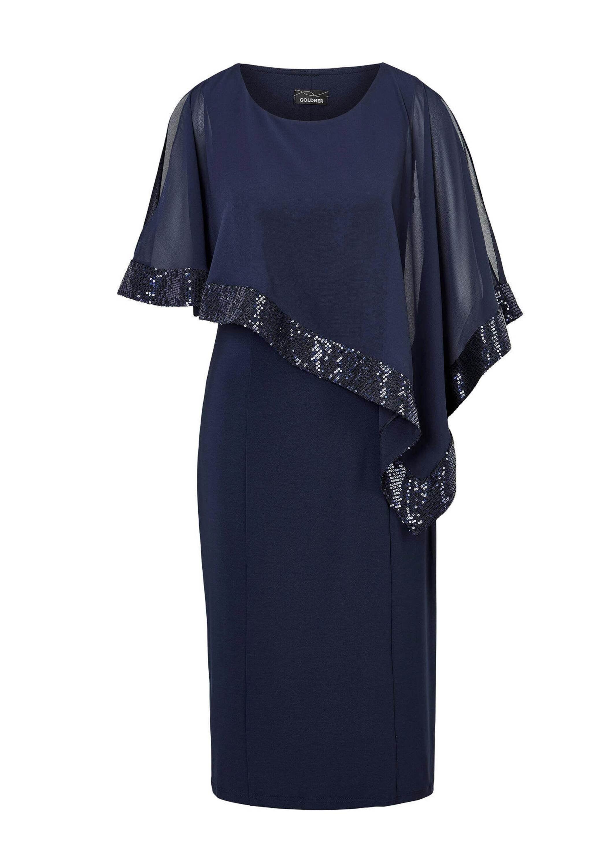 GOLDNER Damen Abendkleid "Kurzgröße Kleid mit raffiniertem Chiffonüberwurf", blau, Gr. 24, Kleider