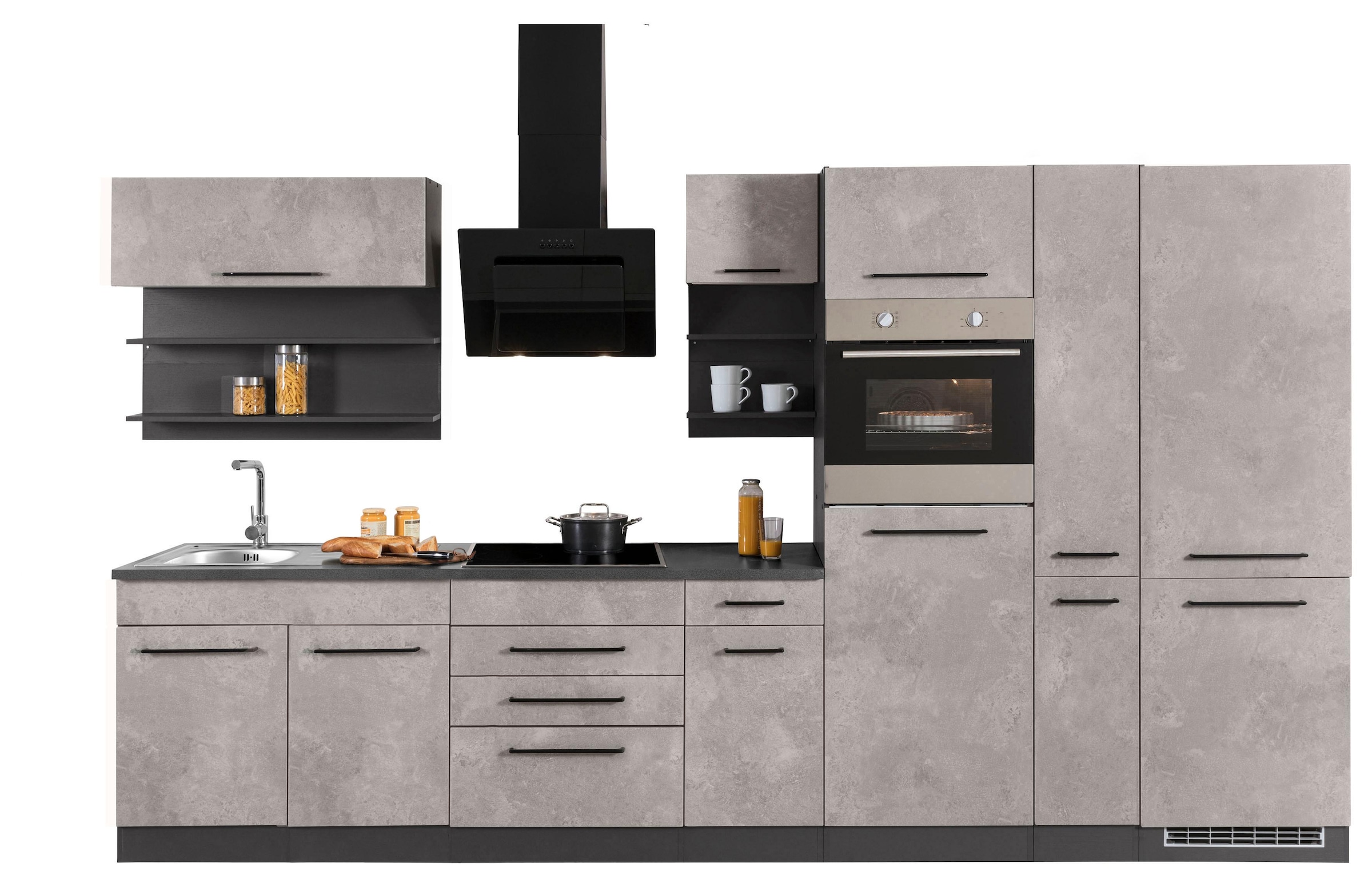KOCHSTATION Küchenzeile »KS-Tulsa«, ohne E-Geräte, Breite 360 cm, schwarze Metallgriffe, MDF Fronten