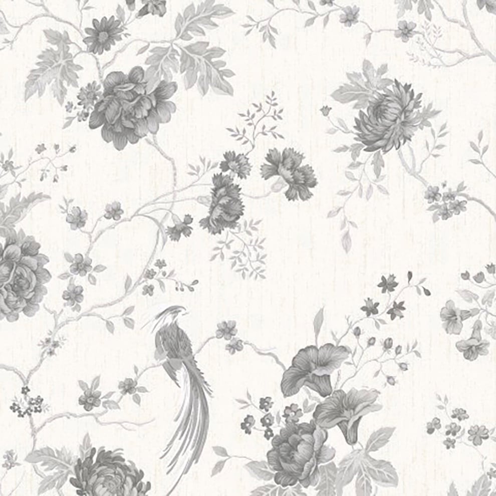 Vliestapete »Vogel & Blumen«, Weiß/Silber - 10m x 52cm