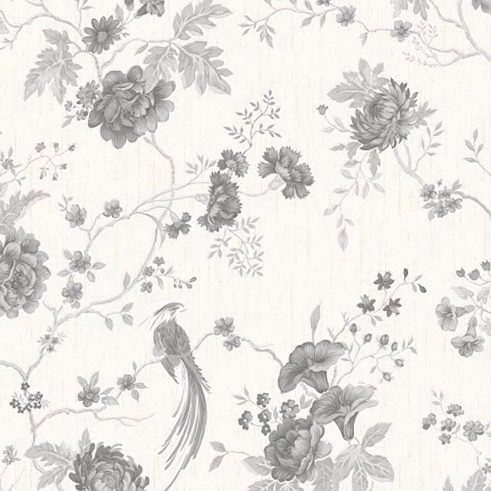 Boutique Vliestapete "Vogel & Blumen" geblümt aufgeschäumt Weiß/Silber - 10m x 52cm