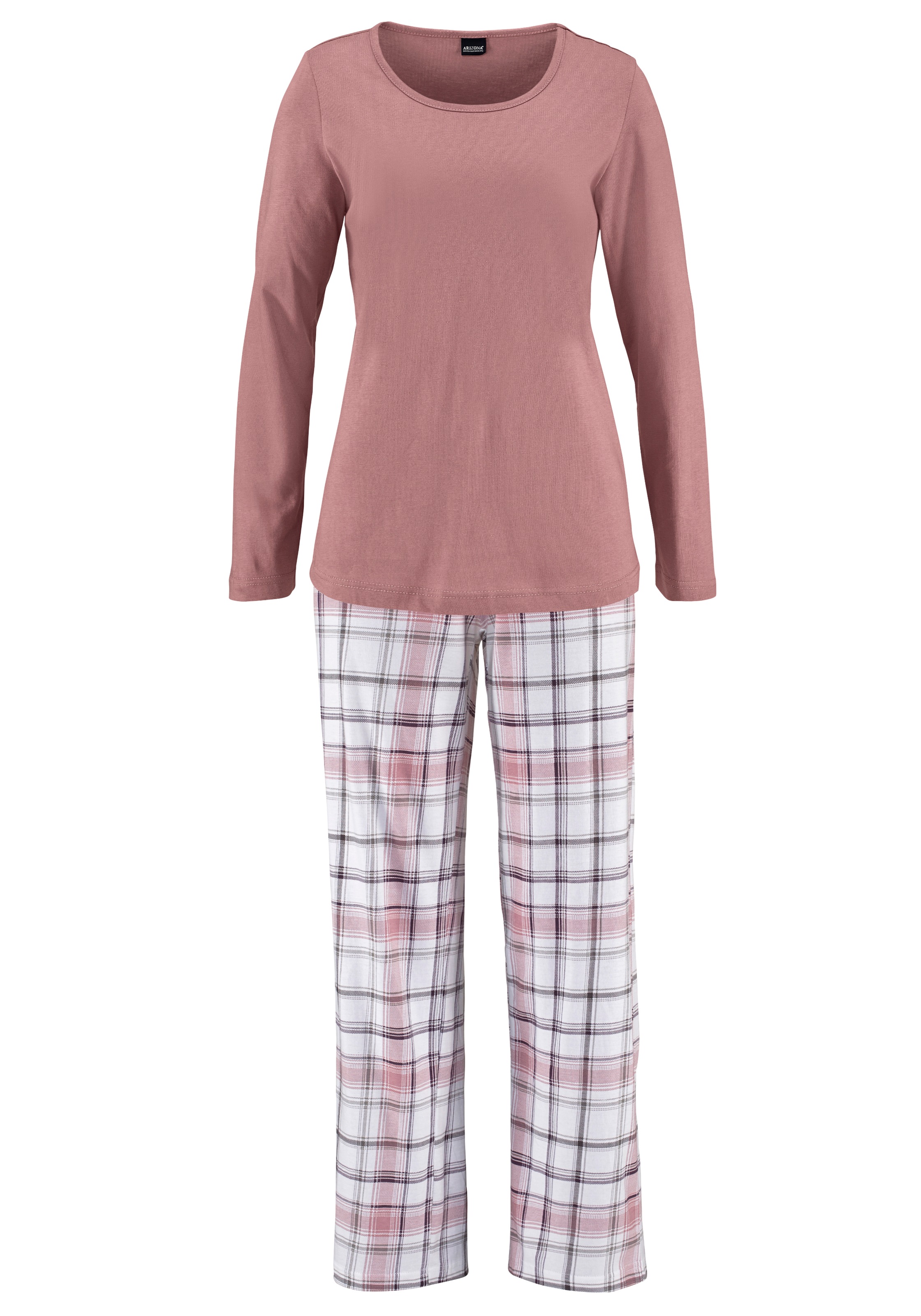 Schlafanzug ARIZONA, Damen, Gr. 56/58, lila (mauve kariert, grau kariert), Single Jersey, Obermaterial: 100% Baumwolle, kariert, unifarben, Basic, lang, Rundhals, abgerundeter Saum, Homewear-Sets Schlafanzug, mit Hose im Karodesign, Topseller 3