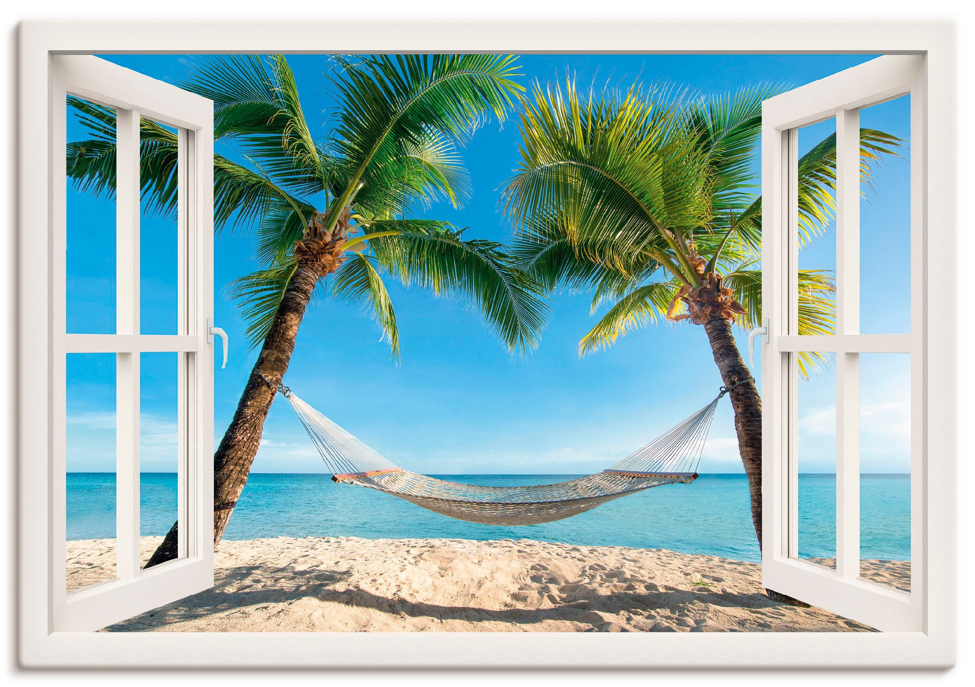 Artland Wandbild "Fensterblick Palmenstrand Karibik", Amerika, (1 St.), als Alubild, Outdoorbild, Leinwandbild, Poster, 