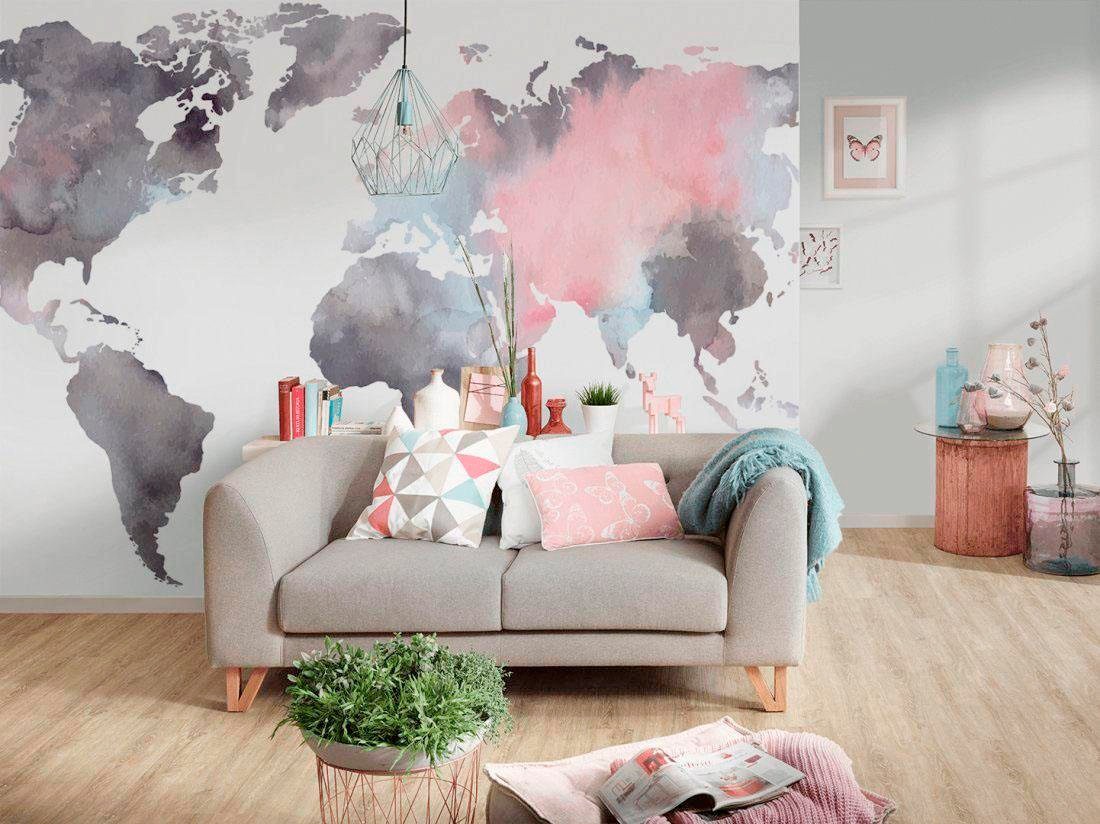 living walls Fototapete »Weltkarte aquarell«, Vlies, Wand, Schräge