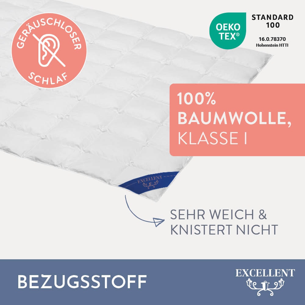 Excellent Daunenbettdecke »Wien, Bettdecken für Sommer und Winter, Decke«, leicht, Füllung 90% Daunen, 10% Federn, Bezug 100% Baumwolle, (1 St.), Bettdecke 135x200 cm, made in Germany, allergiker geeignet (Hausstaub)