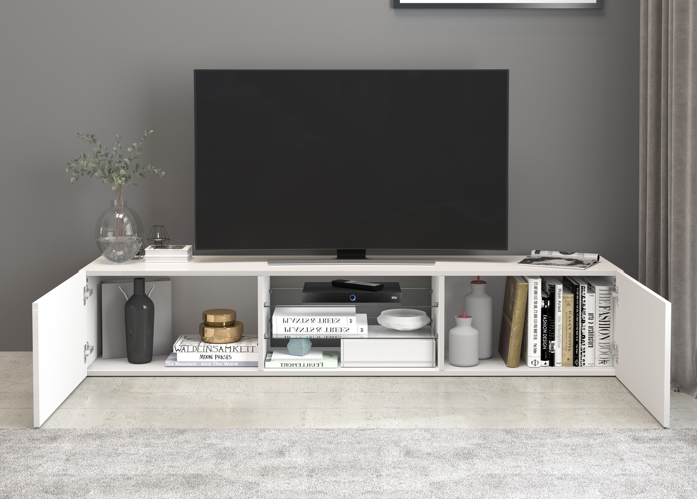 INOSIGN Lowboard »Egypt,Lowboard,TV-Kommode,TV-Möbel,TV-Bank«, mit 2 Klappen, 2 Glasböden,kompl. Hochgl. lackiert (B/T/H)180x38x35 cm